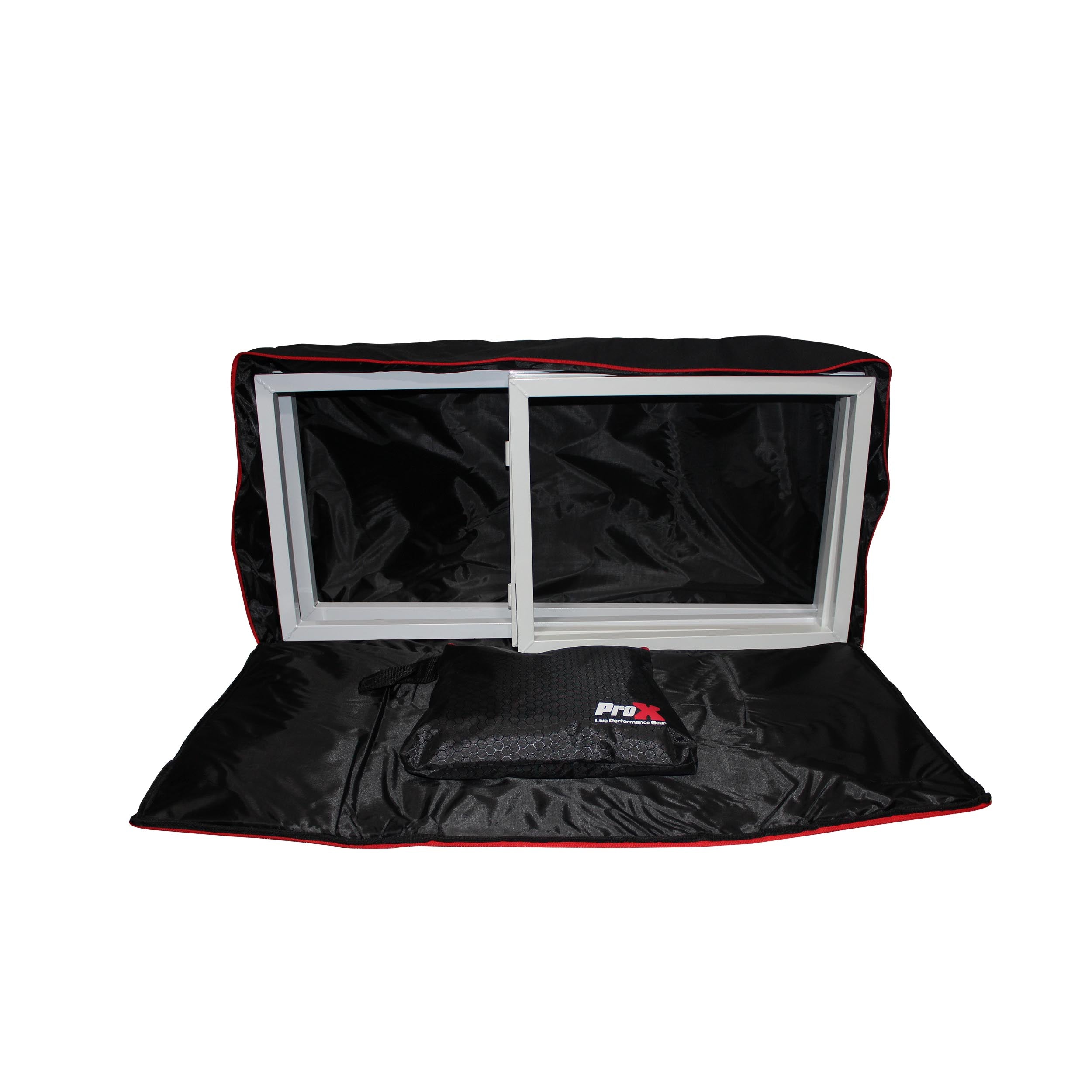 ProX White Frame 6 Ft foldable 4 Panel Tabletop DJ Facade Front Board booth with Black and White Scrims and poratble bag