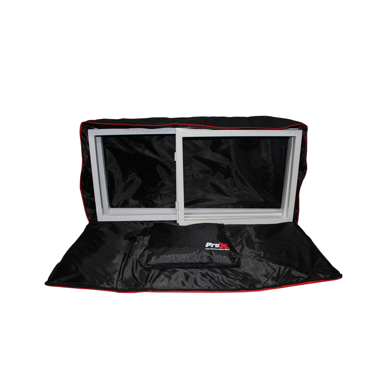 ProX White Frame 6 Ft foldable 4 Panel Tabletop DJ Facade Front Board booth with Black and White Scrims and poratble bag.