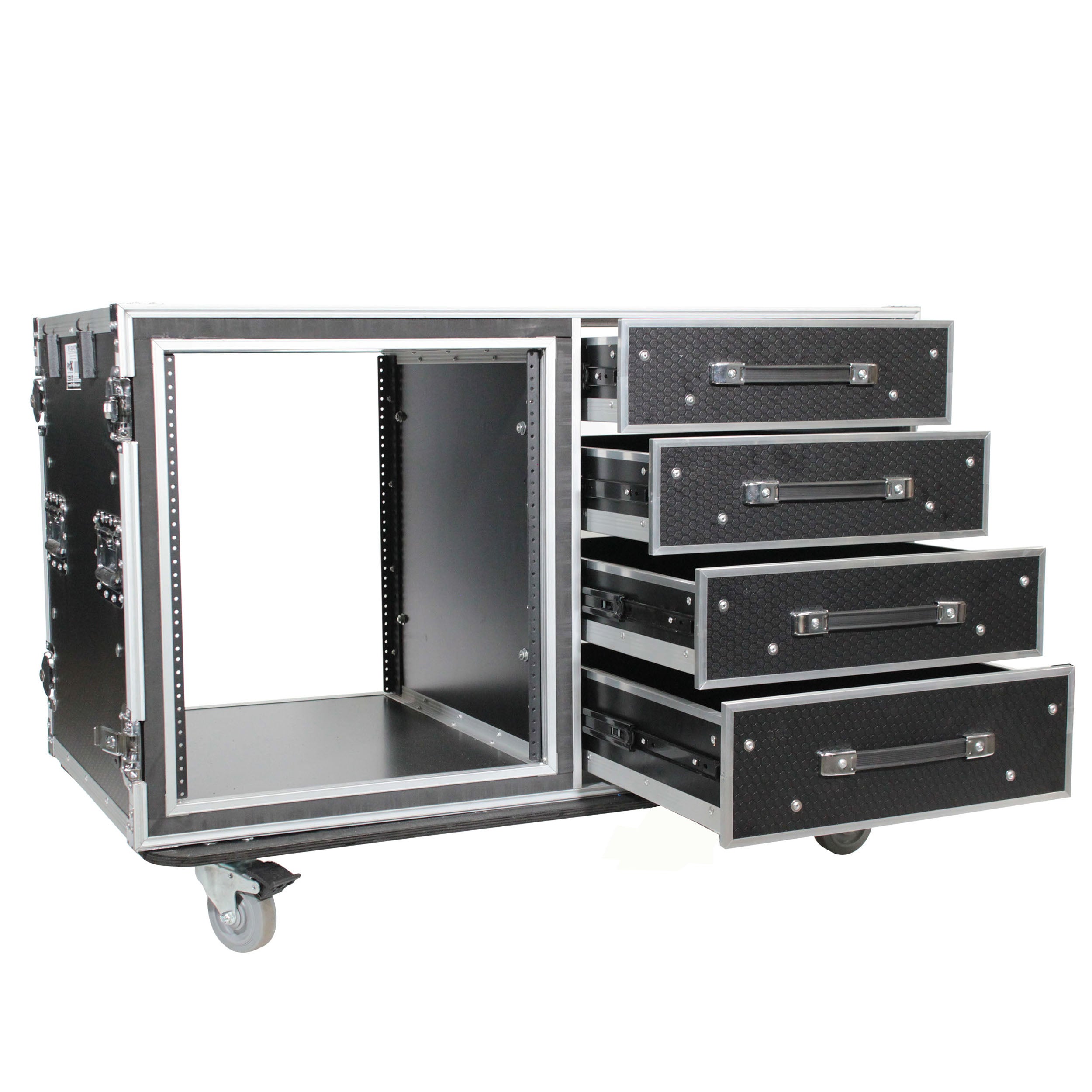 ProX 12U Shockproof Workstation Case W-Dual Side Table and Drawers | 24 In Rail to Rail