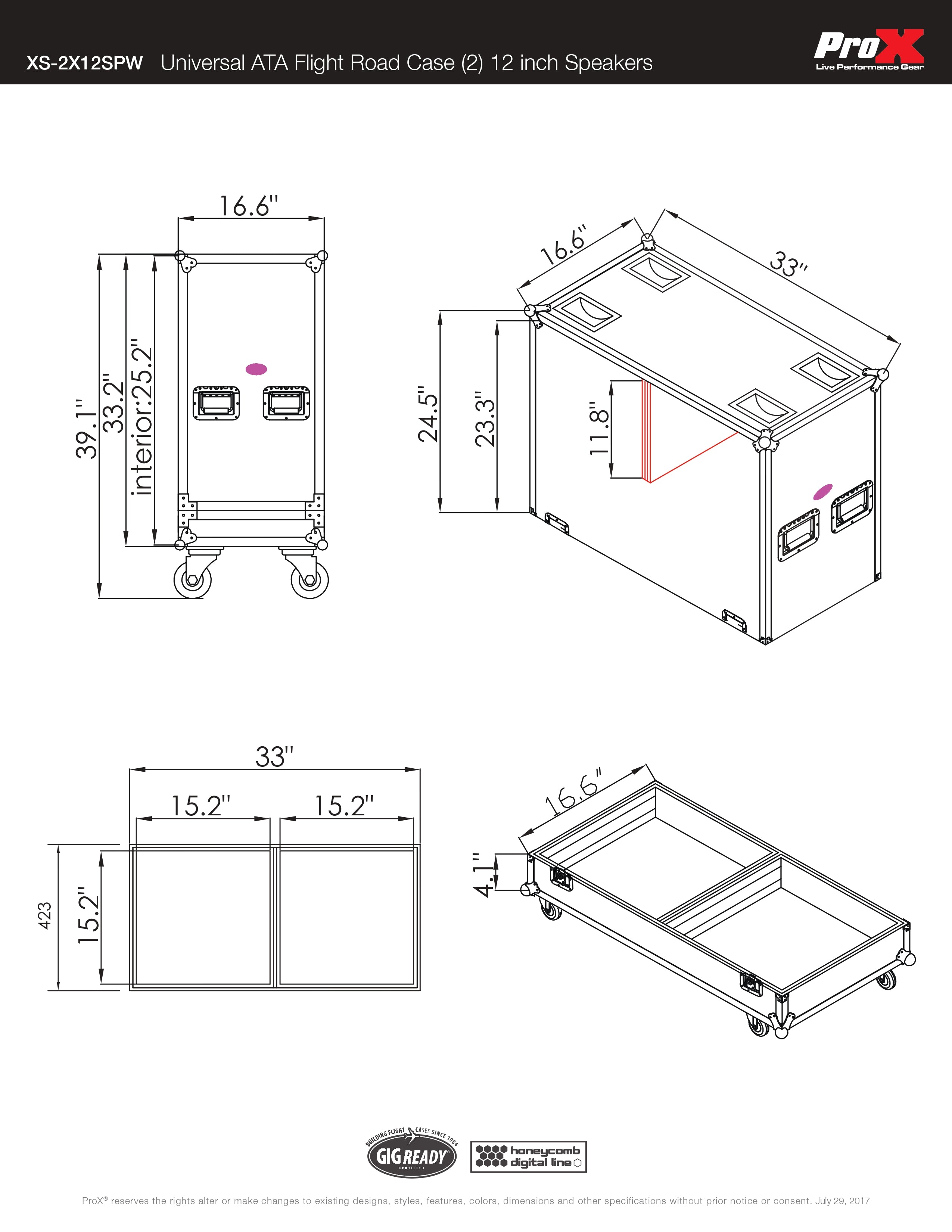 ProX Universal ATA Dual Speaker Flight Case for 2x QSC K12 JBL PRX812 2x Speakers and similar size speakers 25x15x15 in.
