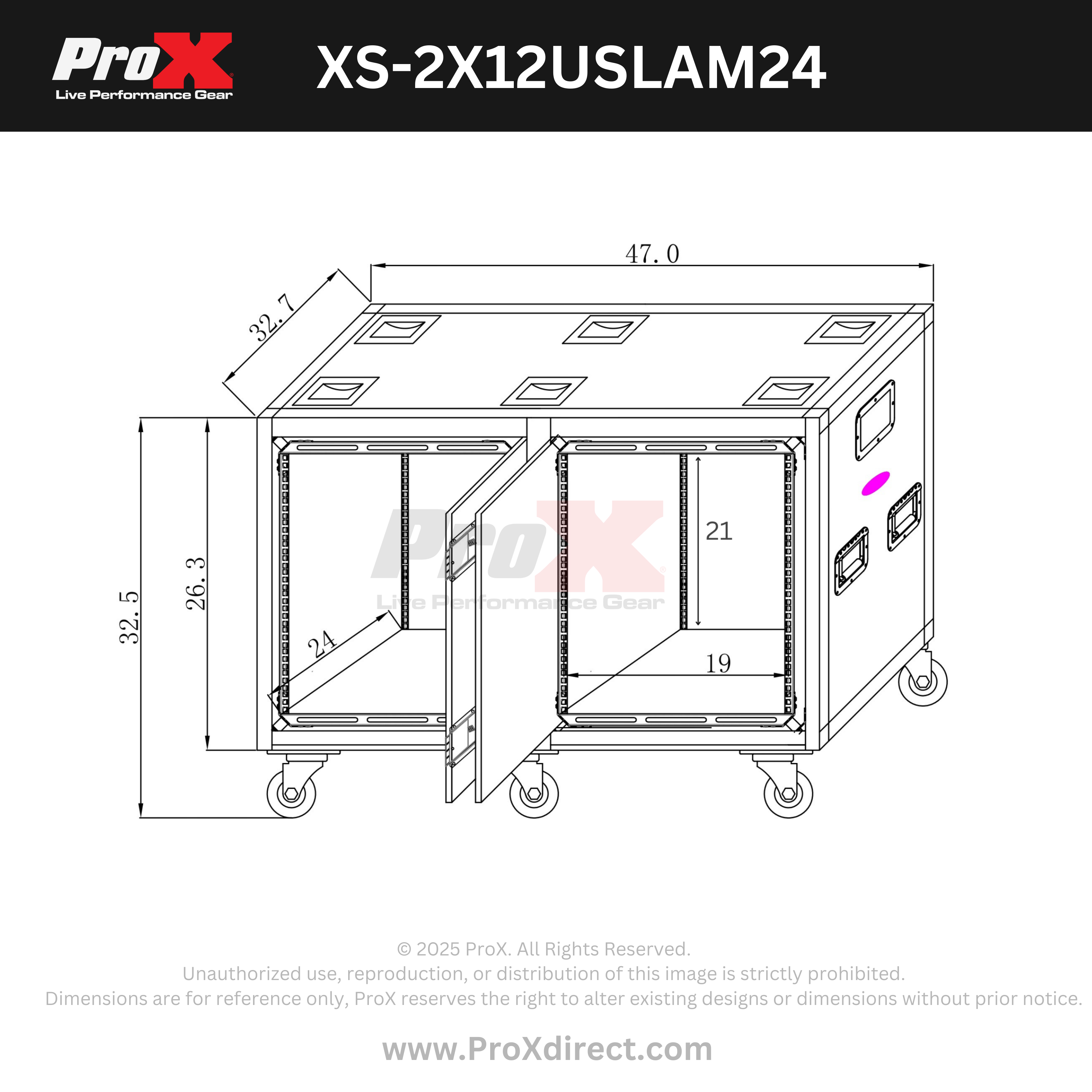 ProX 2X12U 24" Deep Vertical Rack to Rack Shock Mount Case with 2 Sliding Slam Doors & 6x4" Caster Wheels