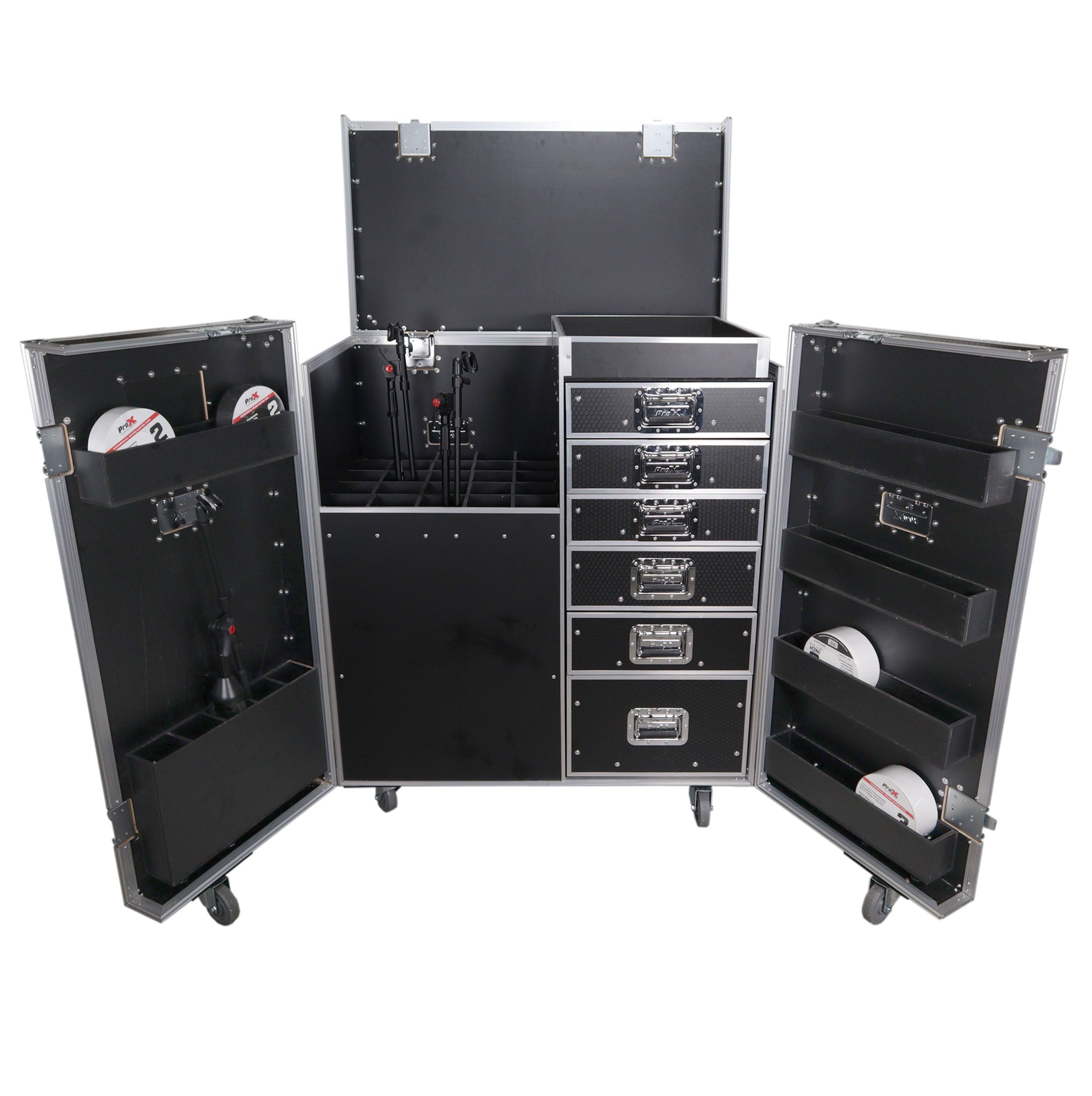 ProX ATA Flight Style Mic Stand + Drawer Combo Case Stores up to 25 Professional Mic Stands with Side Door Storage