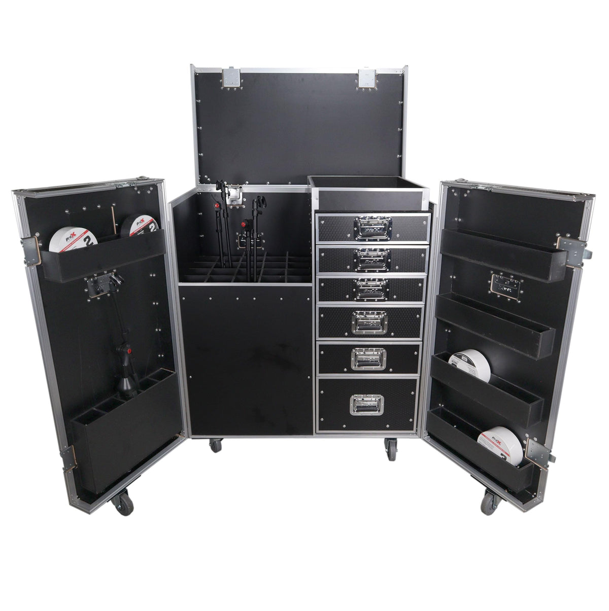 ProX ATA Flight Style Mic Stand + Drawer Combo Case Stores up to 25 Professional Mic Stands with Side Door Storage.