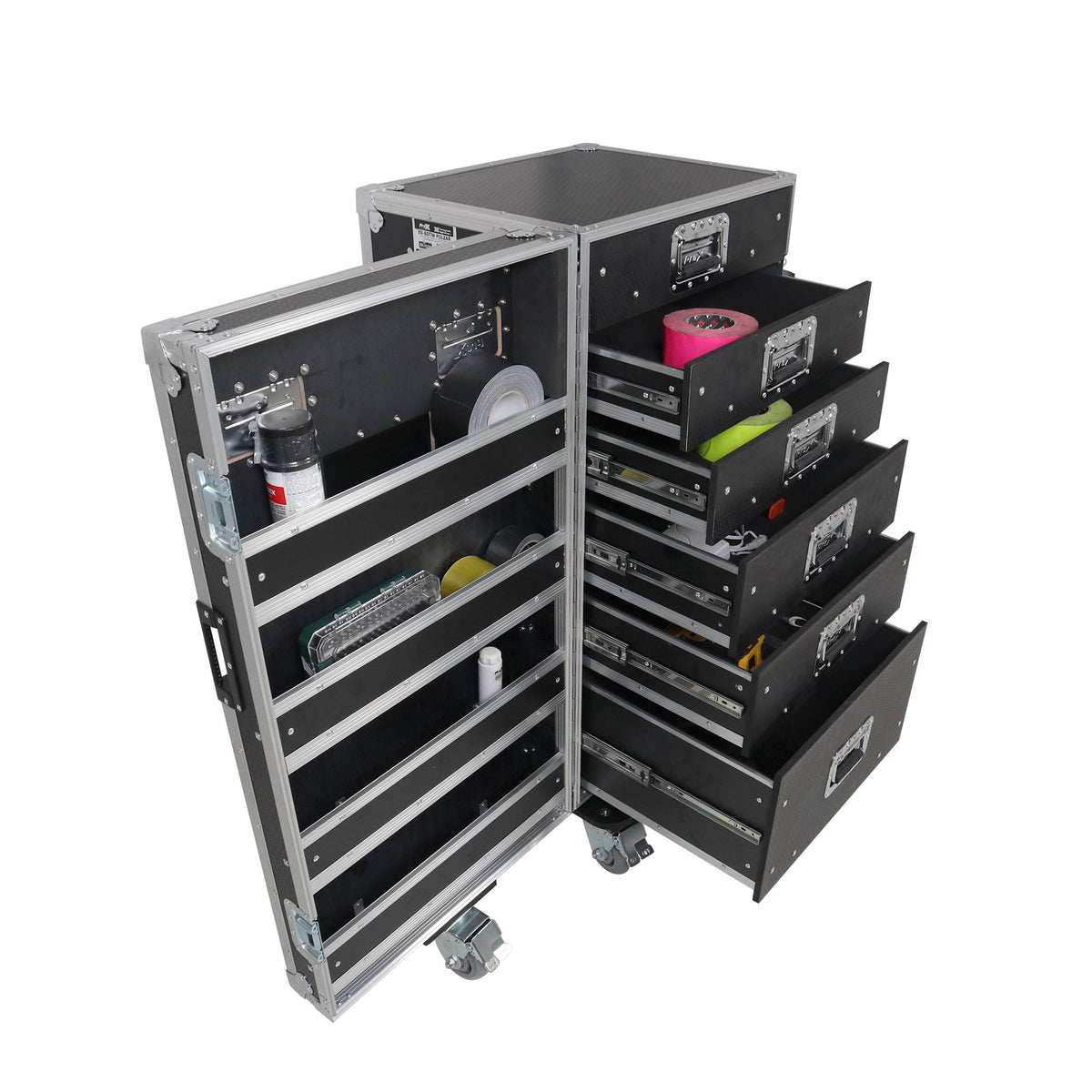 ProX Pro 6 Utility Drawer Workbox ATA Flight Style Case with Hinged Storage Door and Five 5 inch Casters.