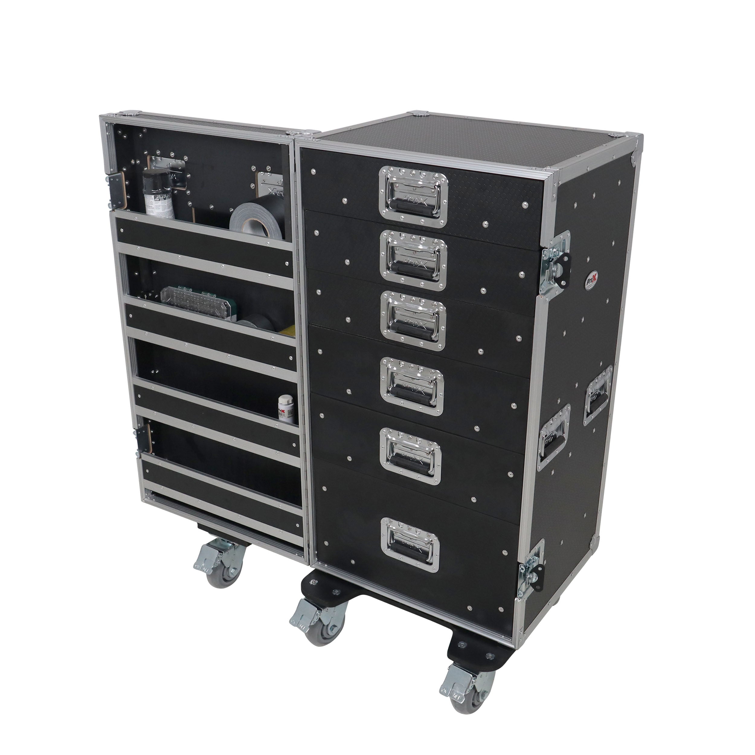 ProX Pro 6 Utility Drawer Workbox ATA Flight Style Case with Hinged Storage Door and Five 5 inch Casters