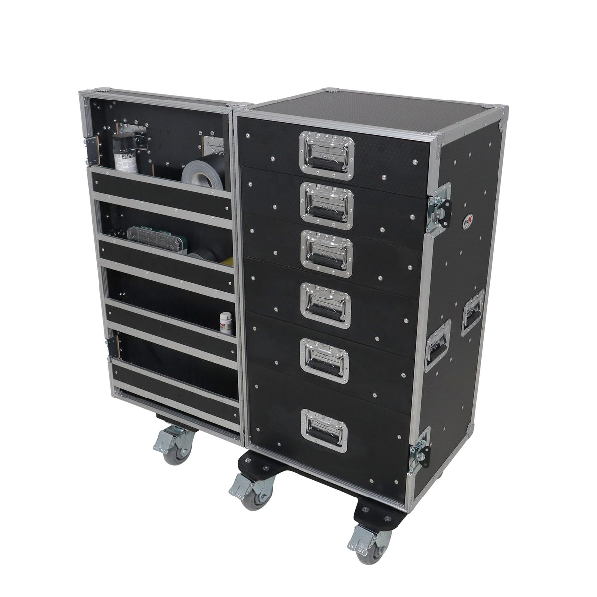 ProX Pro 6 Utility Drawer Workbox ATA Flight Style Case with Hinged Storage Door and Five 5 inch Casters.