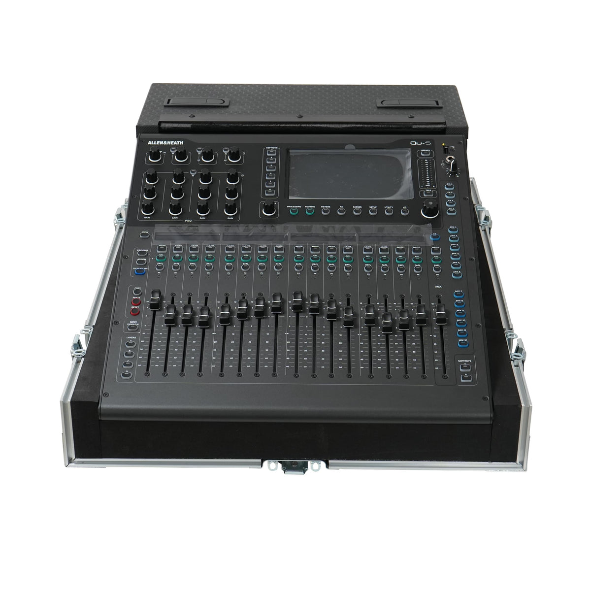 ProX ATA Digital Audio Mixer Flight Case for Allen & Heath QU5 Console with Doghouse compartment and 4x Caster wheels.