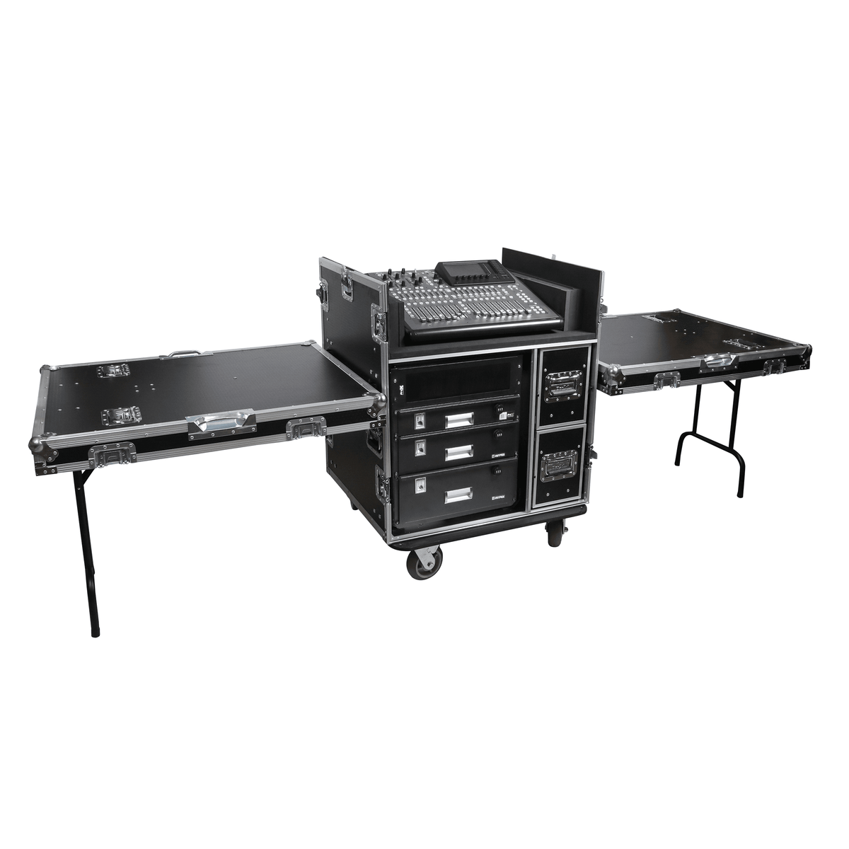 ProX BRANCO ATA Flight Style FOH Mixing Console Case 12U Shockproof Rack 2 Drawer 2 Side Tables & 4 Locking Casters.