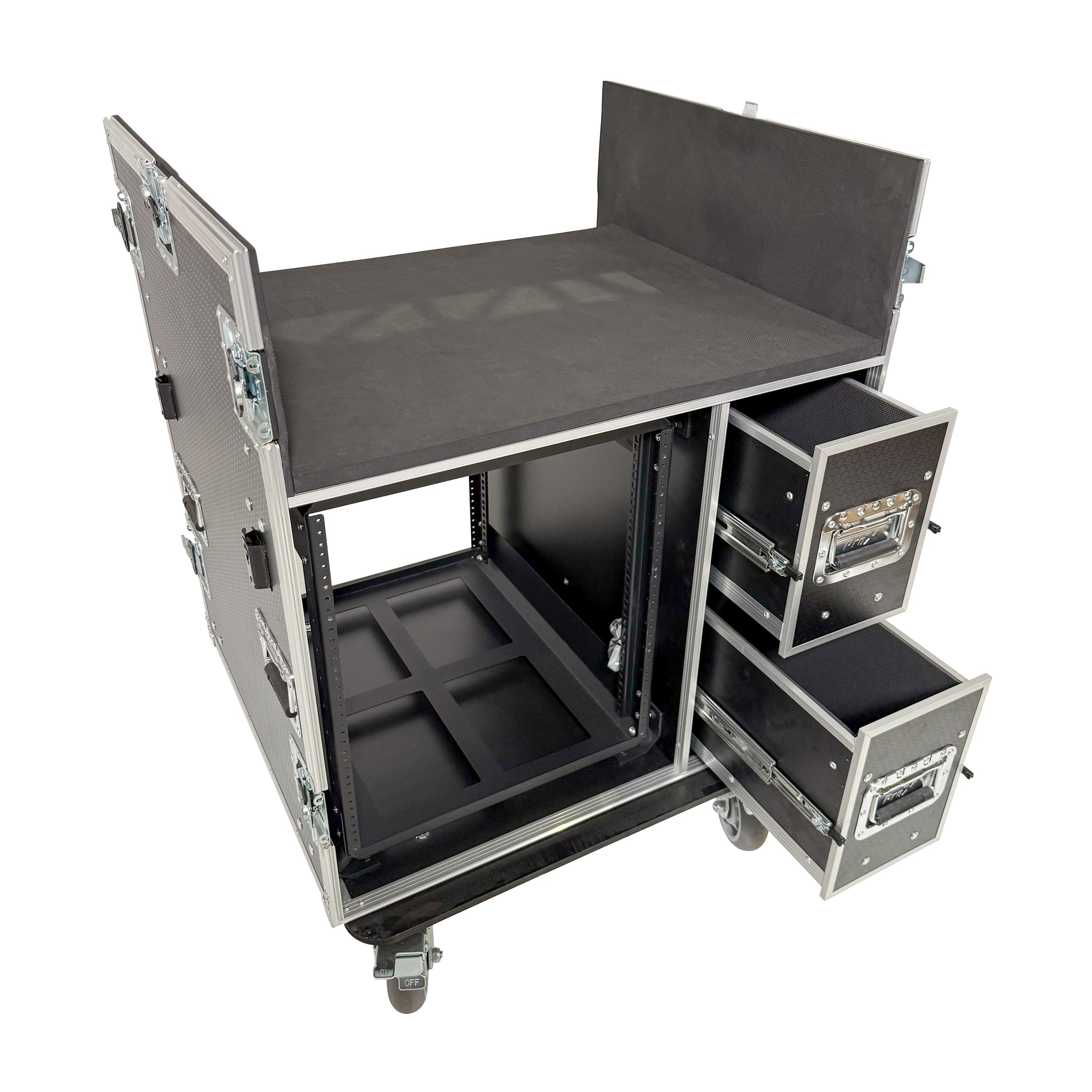 ProX BRANCO ATA Flight Style FOH Mixing Console Case 12U Shockproof Rack 2 Drawer 2 Side Tables & 4 Locking Casters