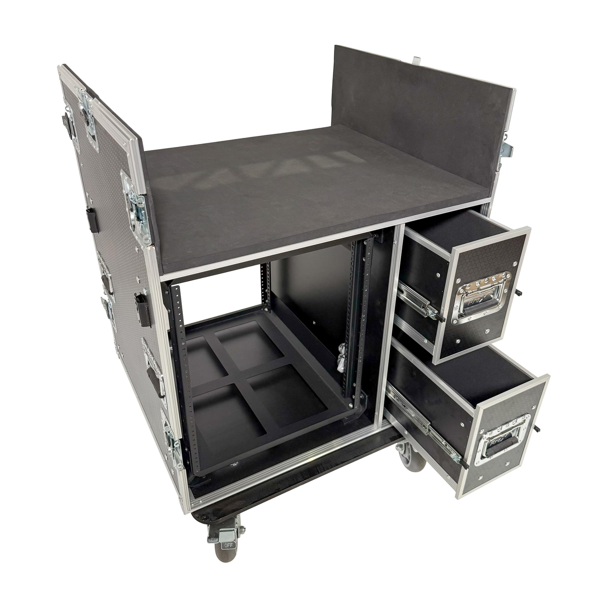 ProX BRANCO ATA Flight Style FOH Mixing Console Case 12U Shockproof Rack 2 Drawer 2 Side Tables & 4 Locking Casters.