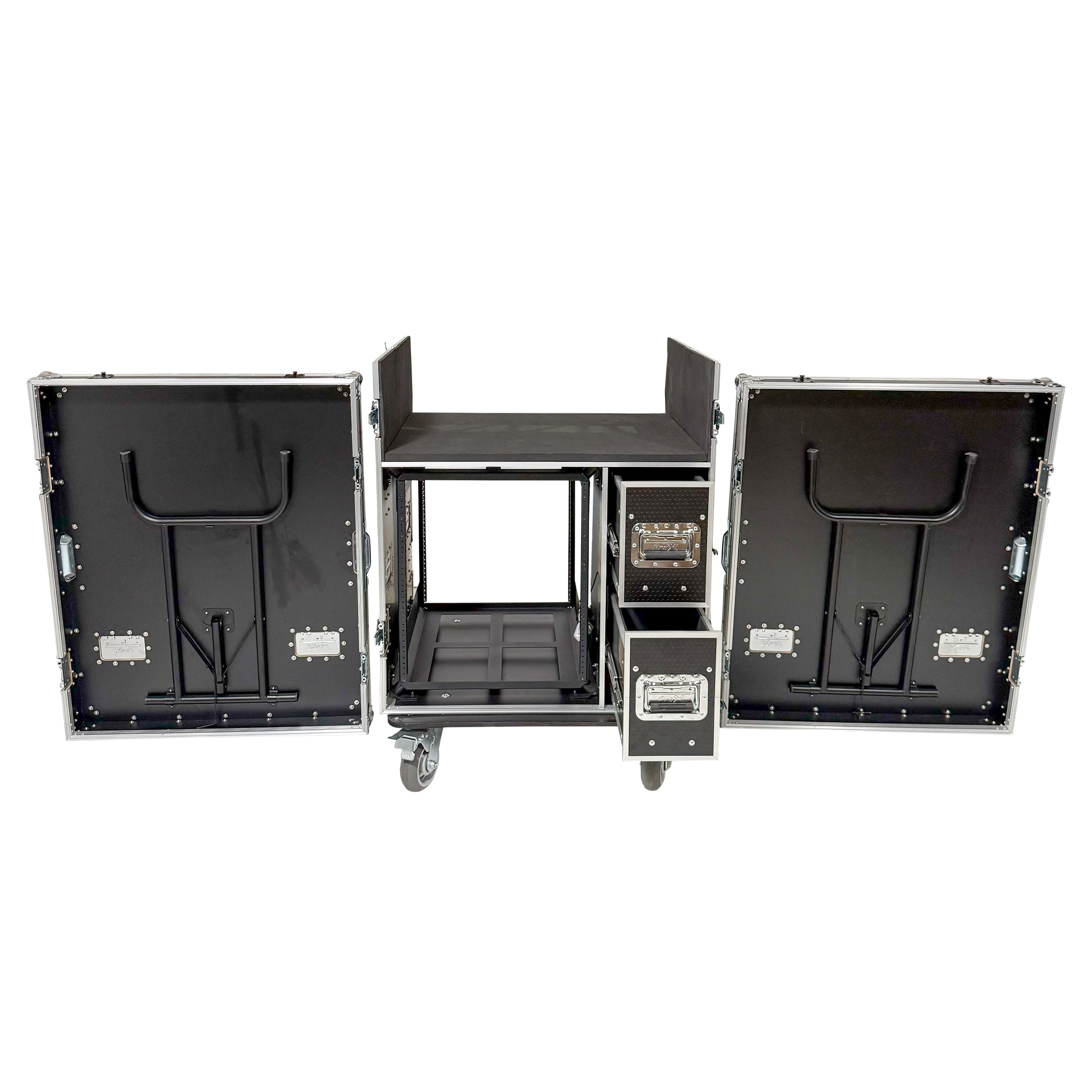 ProX BRANCO ATA Flight Style FOH Mixing Console Case 12U Shockproof Rack 2 Drawer 2 Side Tables & 4 Locking Casters