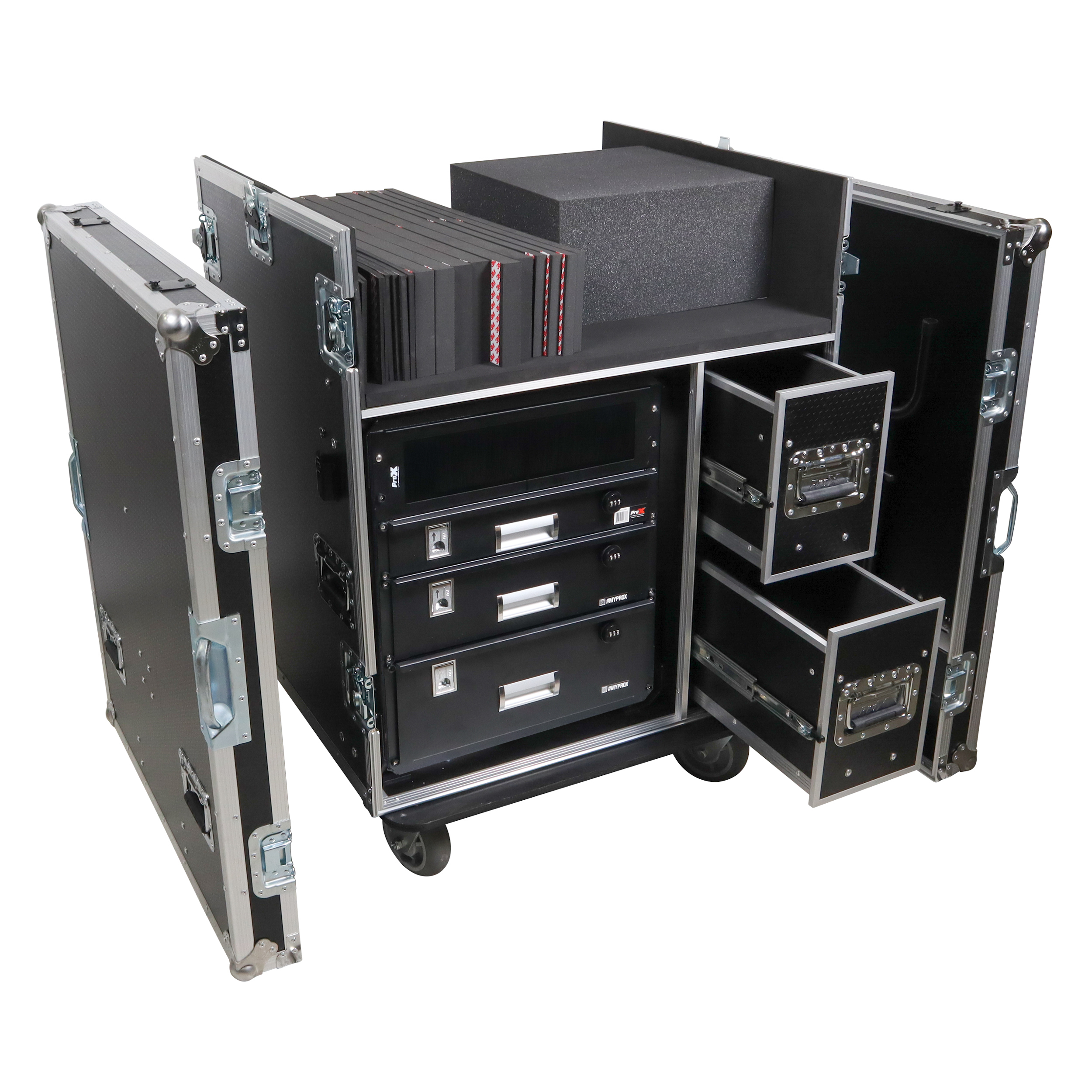 ProX BRANCO ATA Flight Style FOH Mixing Console Case 12U Shockproof Rack 2 Drawer 2 Side Tables & 4 Locking Casters