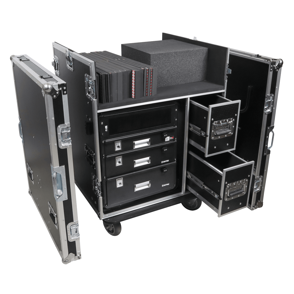 ProX BRANCO ATA Flight Style FOH Mixing Console Case 12U Shockproof Rack 2 Drawer 2 Side Tables & 4 Locking Casters.