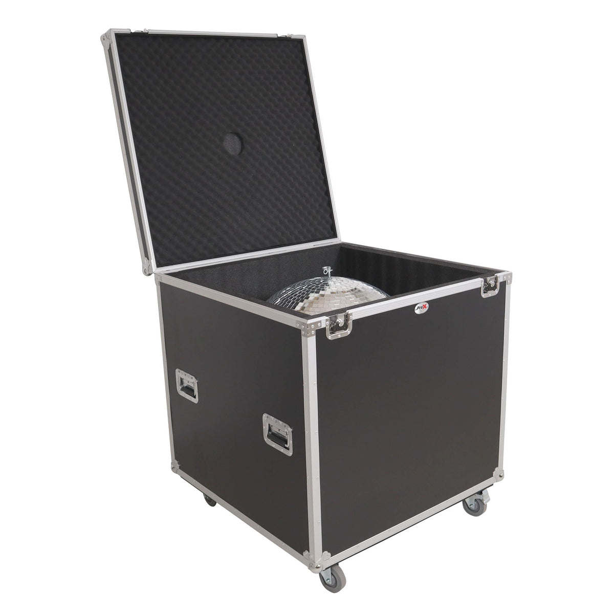 ProX 30" Mirror Ball Flight Road Case with wheels and Stay open hinge door.