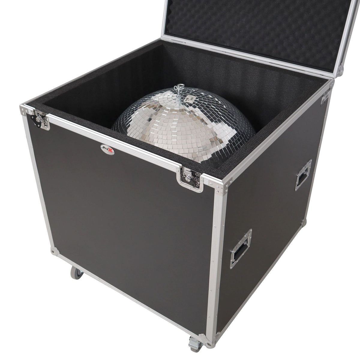 ProX 30" Mirror Ball Flight Road Case with wheels and Stay open hinge door.