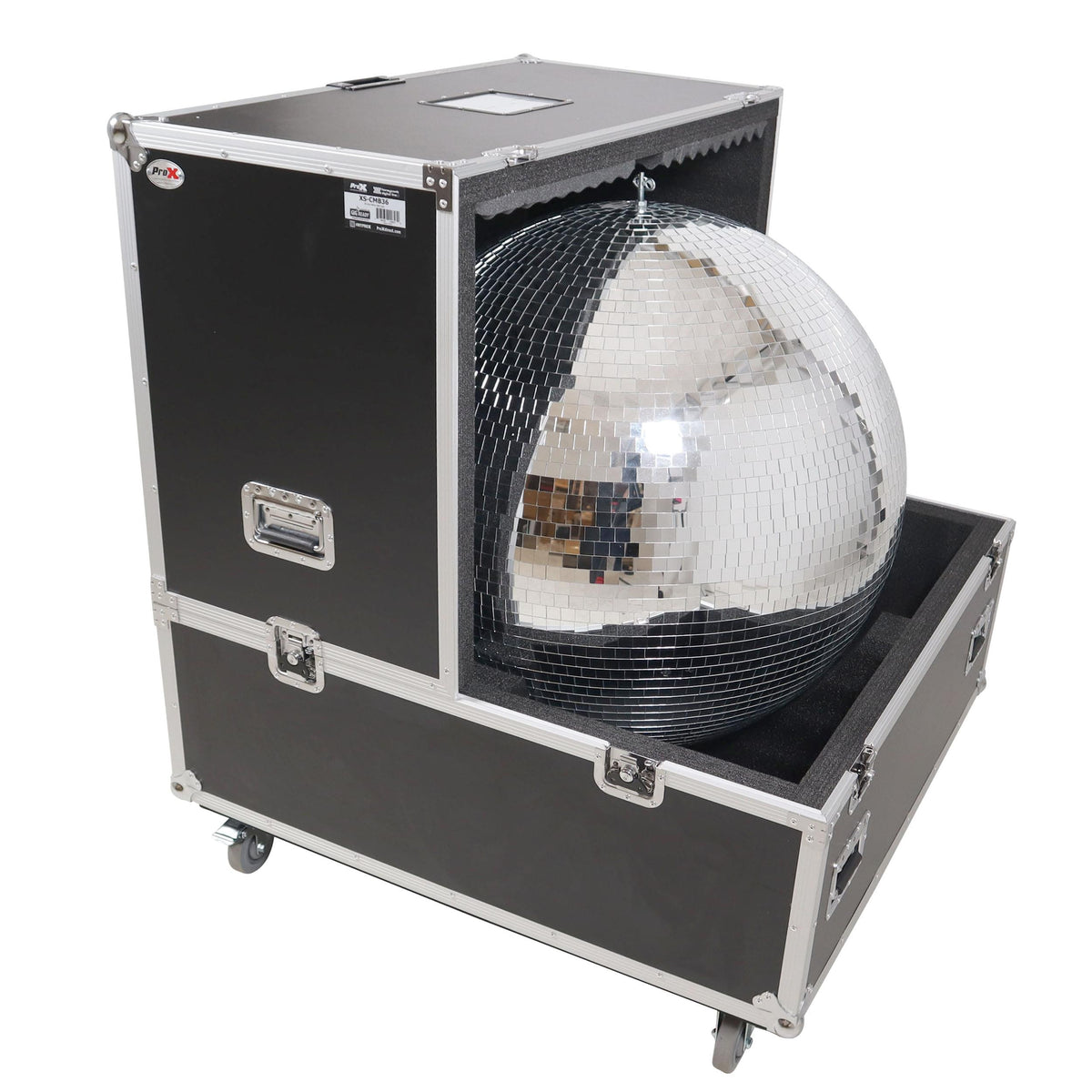 ProX 36" Mirror Ball Flight Road Case with wheels and two removable top cover.