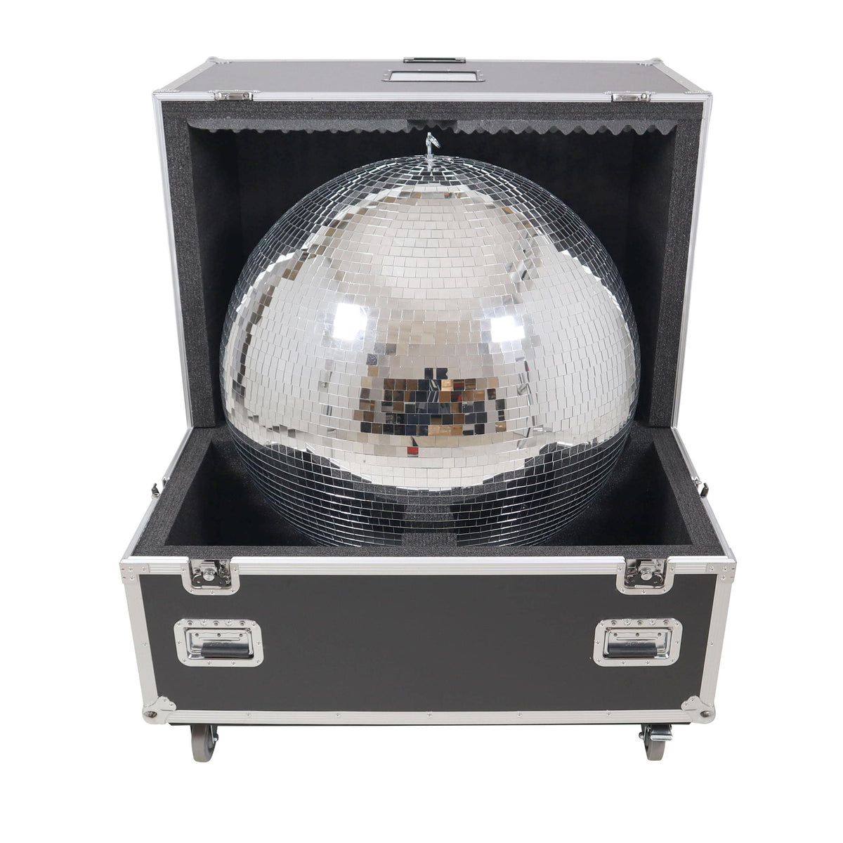 ProX 36" Mirror Ball Flight Road Case with wheels and two removable top cover.