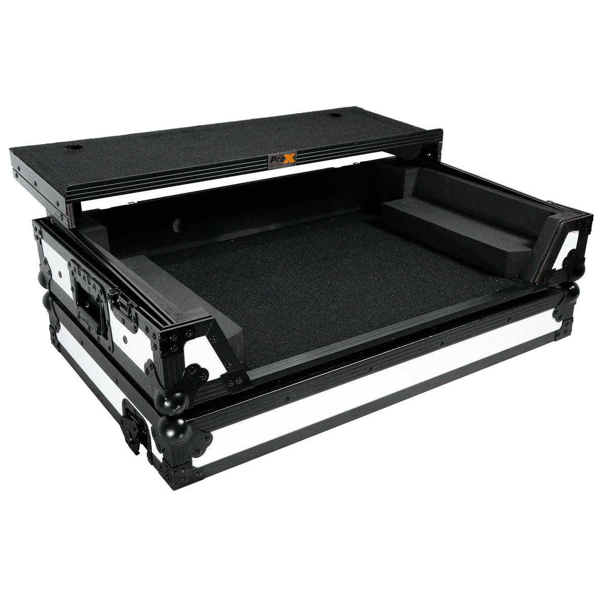 ProX ATA Flight Style Road Case For Pioneer DDJ-FLX10 or DDJ-GRV6 with Laptop Shelf 1U Rack Space and Wheels White Black Finish.