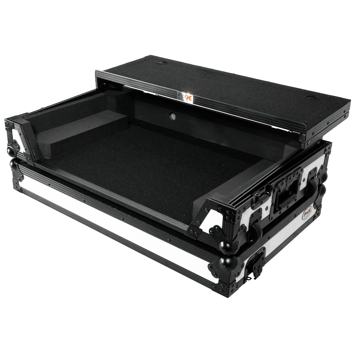 ProX ATA Flight Style Road Case For Pioneer DDJ-FLX10 or DDJ-GRV6 with Laptop Shelf 1U Rack Space and Wheels White Black Finish.