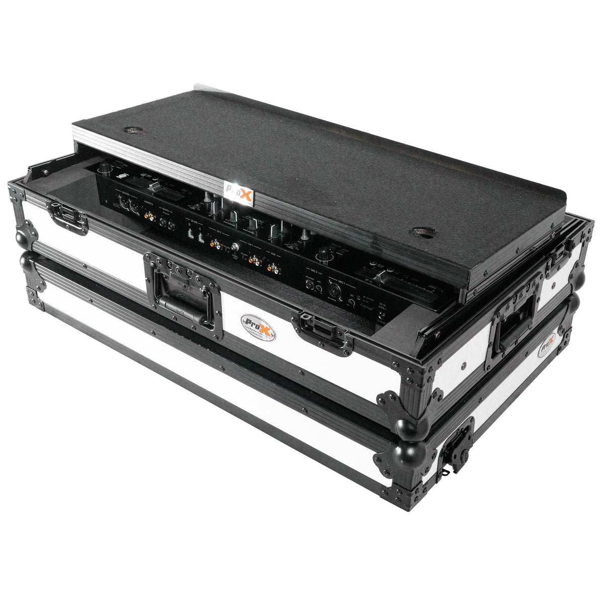 ProX ATA Flight Style Road Case For Pioneer DDJ-FLX10 or DDJ-GRV6 with Laptop Shelf 1U Rack Space and Wheels White Black Finish.
