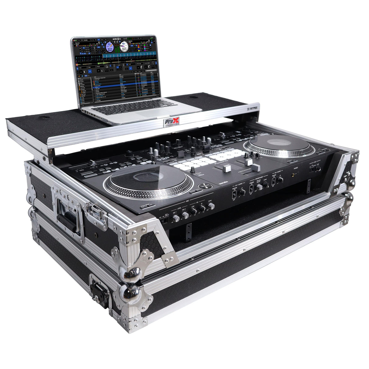 ProX ATA Style Flight Case for Pioneer DDJ-REV7 DJ Controller with Laptop Shelf Wheels and 1U Rackspace.
