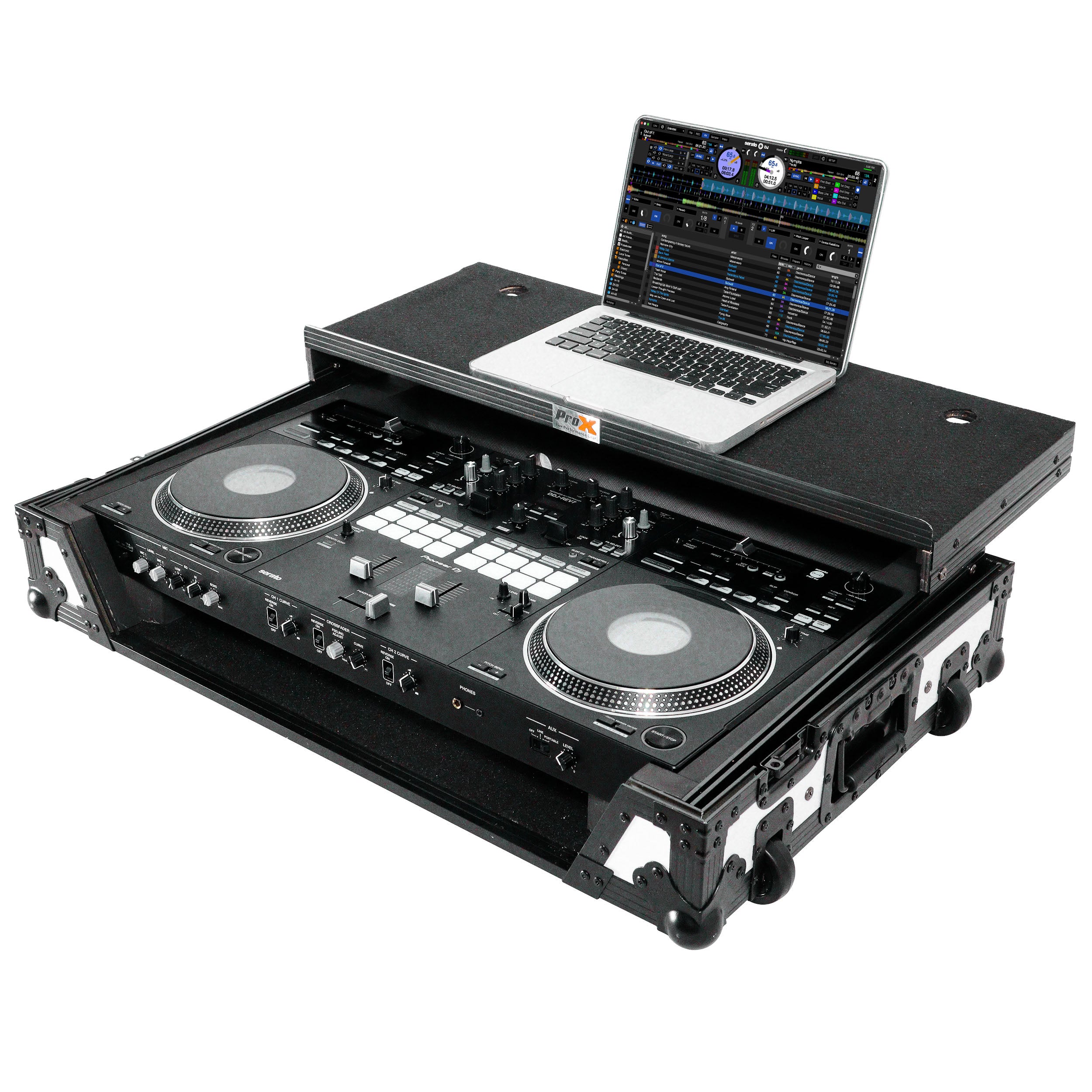 ProX ATA Flight Case for Pioneer DDJ-REV7 DJ Controller with Laptop Shelf 1U Rack Space and Wheels - White Black