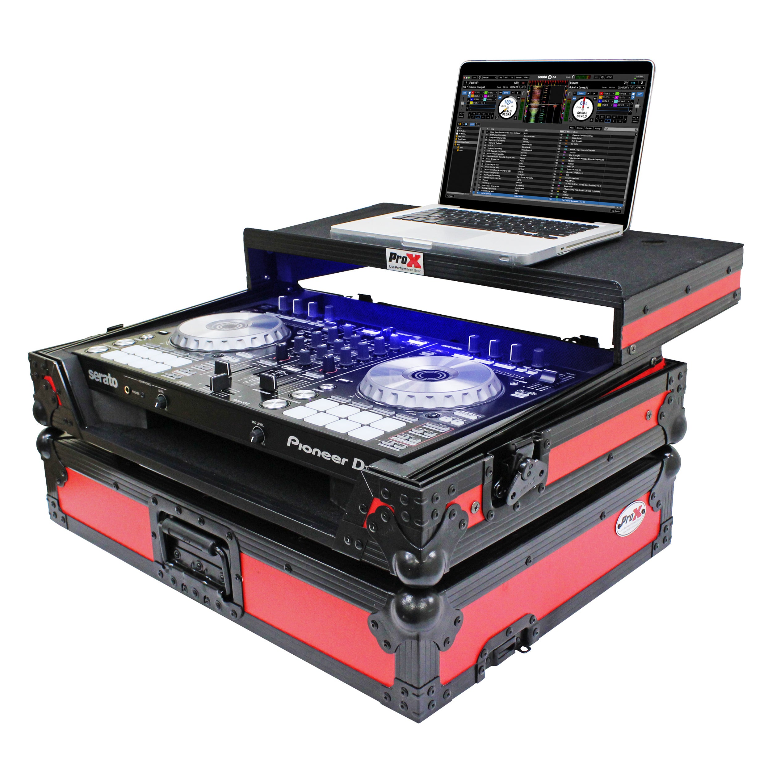 ProX ATA Flight Case For Pioneer DDJ-SR2 DJ Controller with Laptop Shelf and LED - Black Red