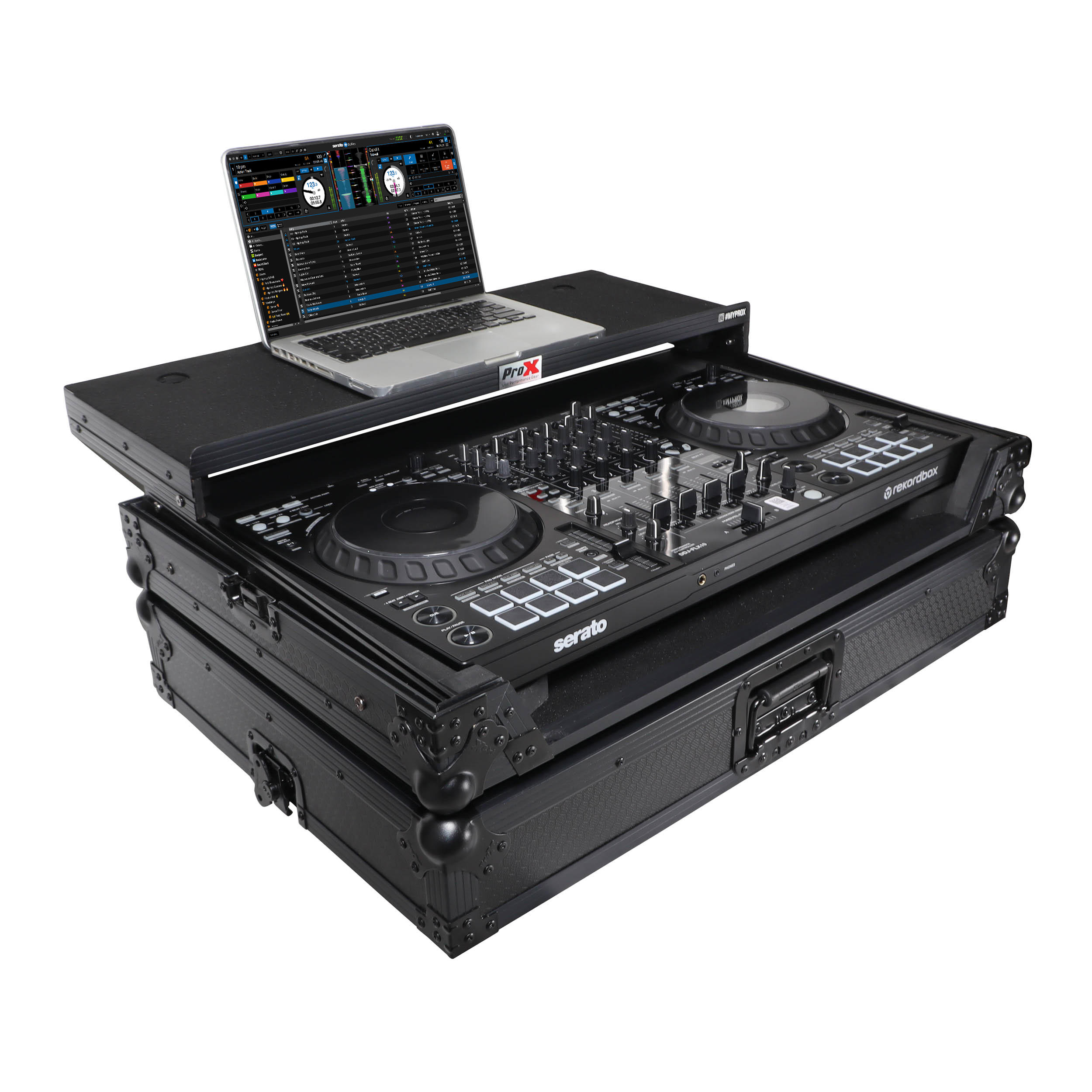 ProX Pioneer DDJ-FLX10 or DDJ-GRV6 with Sliding Laptop Shelf ATA Flight Style Road Case Black Finish Slim Case