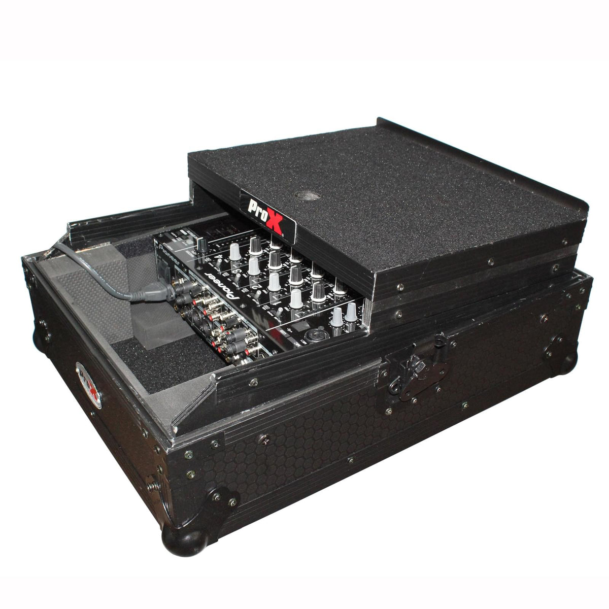 ProX Mixer ATA Flight Hard Case for Large Format 12" Universal DJ Mixer with Laptop Shelf Black on Black.