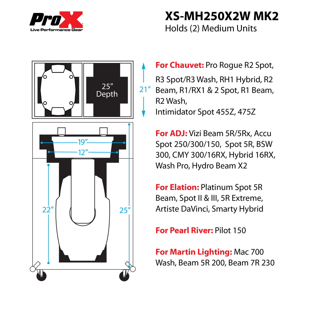 ProX Flight Case for Two 250 Style 5R 200 7R 230 Moving Head Lighting Units Universal with Casters.