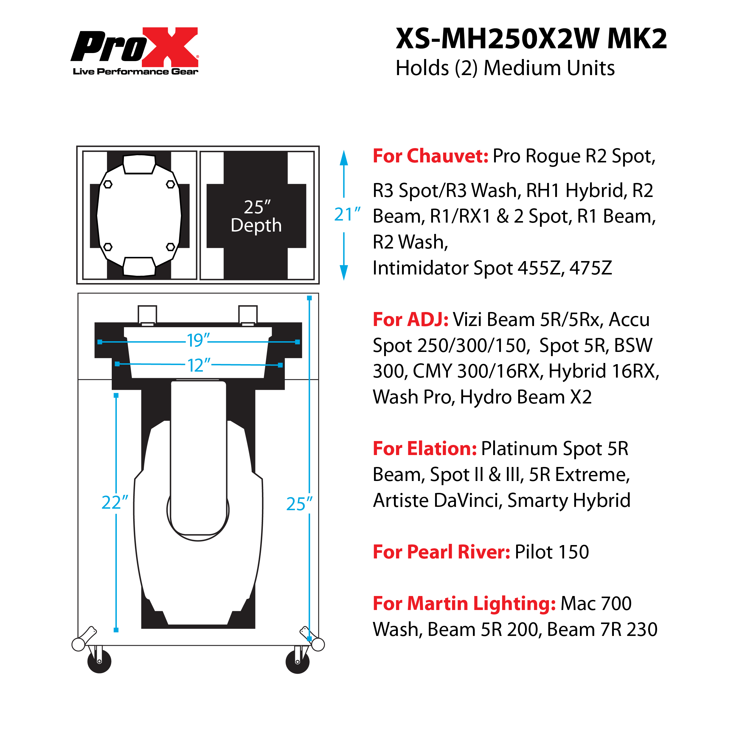 ProX Flight Case for Two 250 Style 5R 200 7R 230 Moving Head Lighting Units Universal with Casters