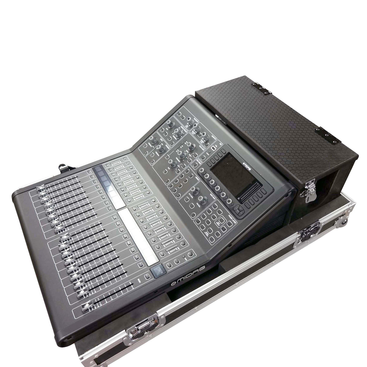 ProX ATA Digital Audio Mixer Flight Case for Midas M32R Console with Doghouse Compartment and Caster Wheels.