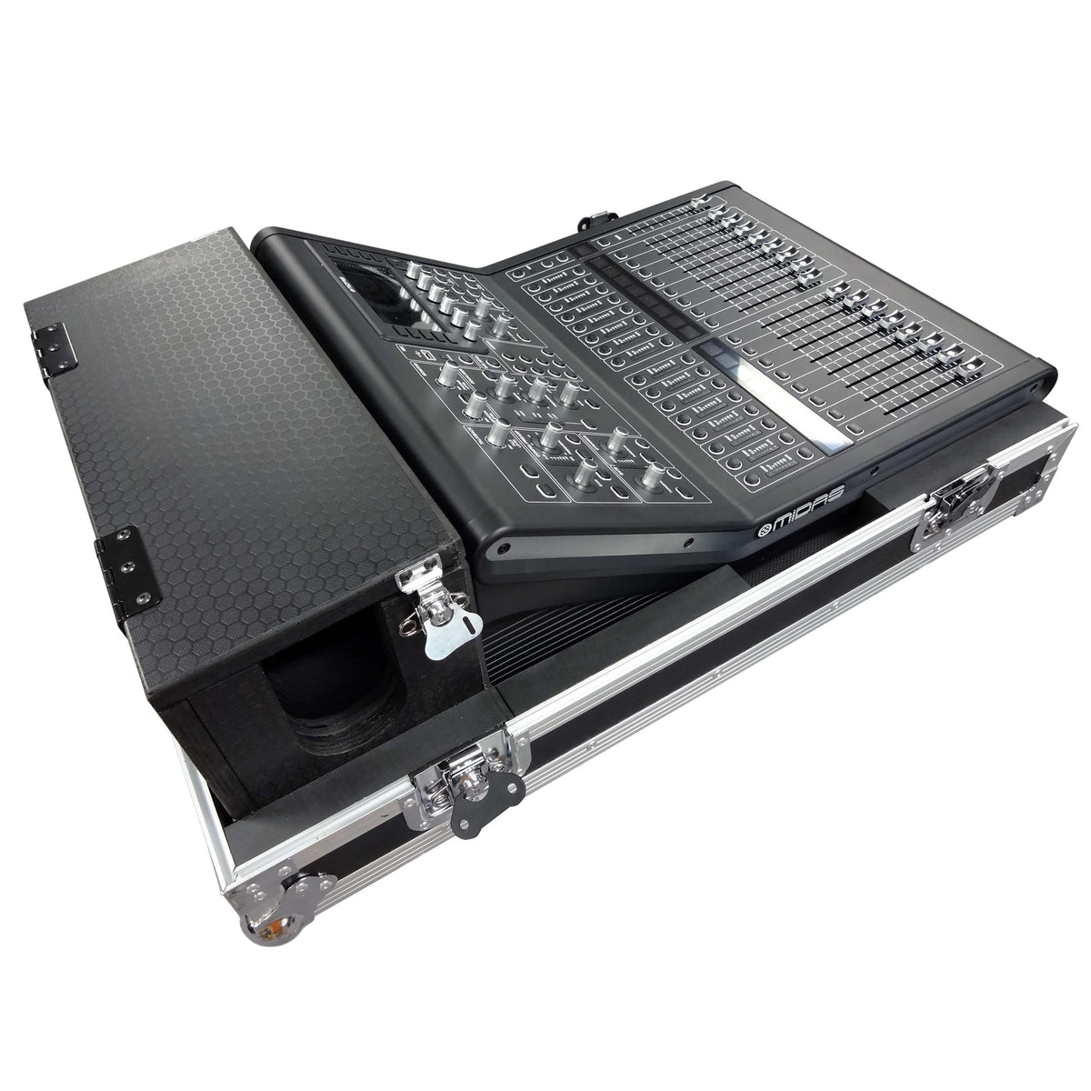 ProX ATA Digital Audio Mixer Flight Case for Midas M32R Console with Doghouse Compartment and Caster Wheels.