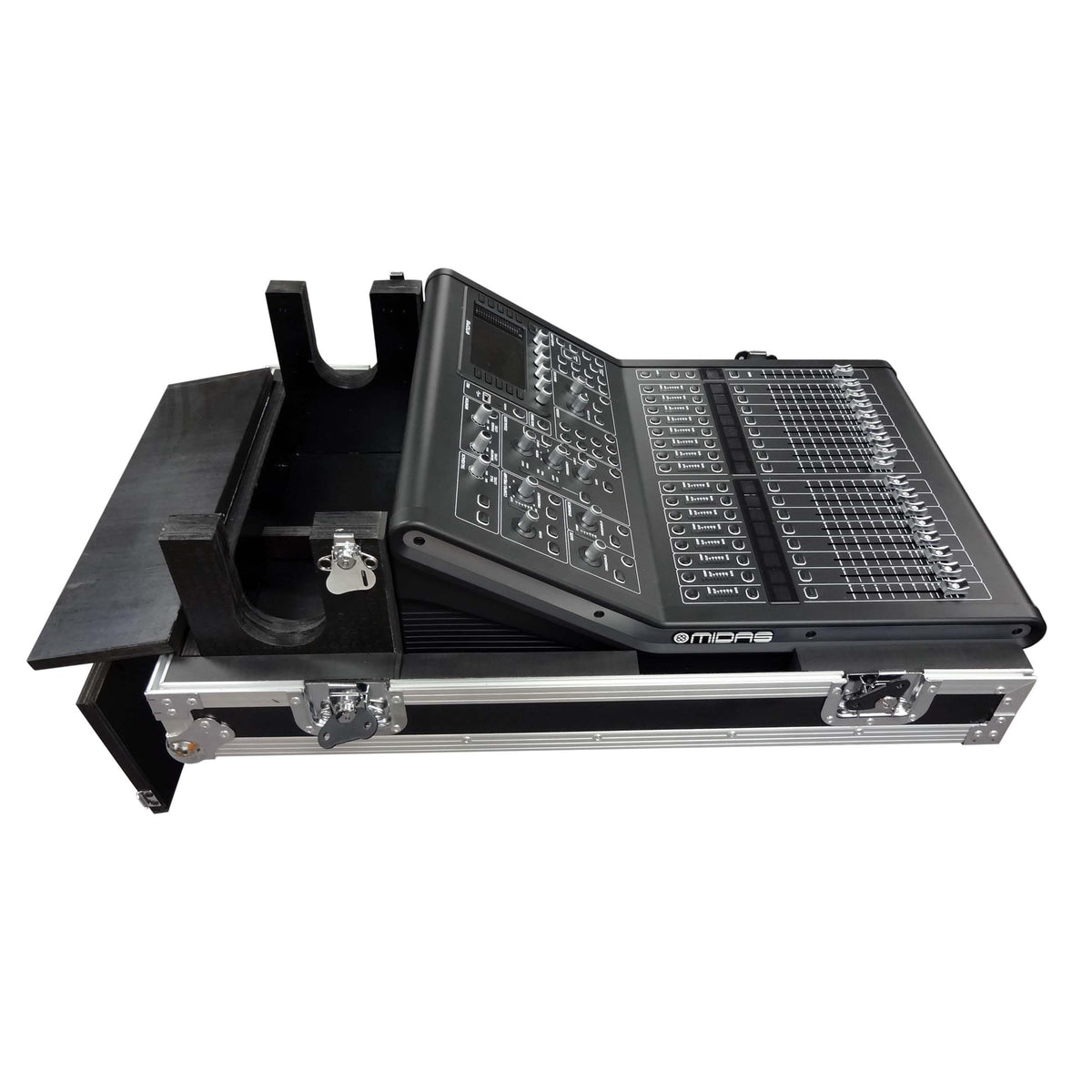 ProX ATA Digital Audio Mixer Flight Case for Midas M32R Console with Doghouse Compartment and Caster Wheels.