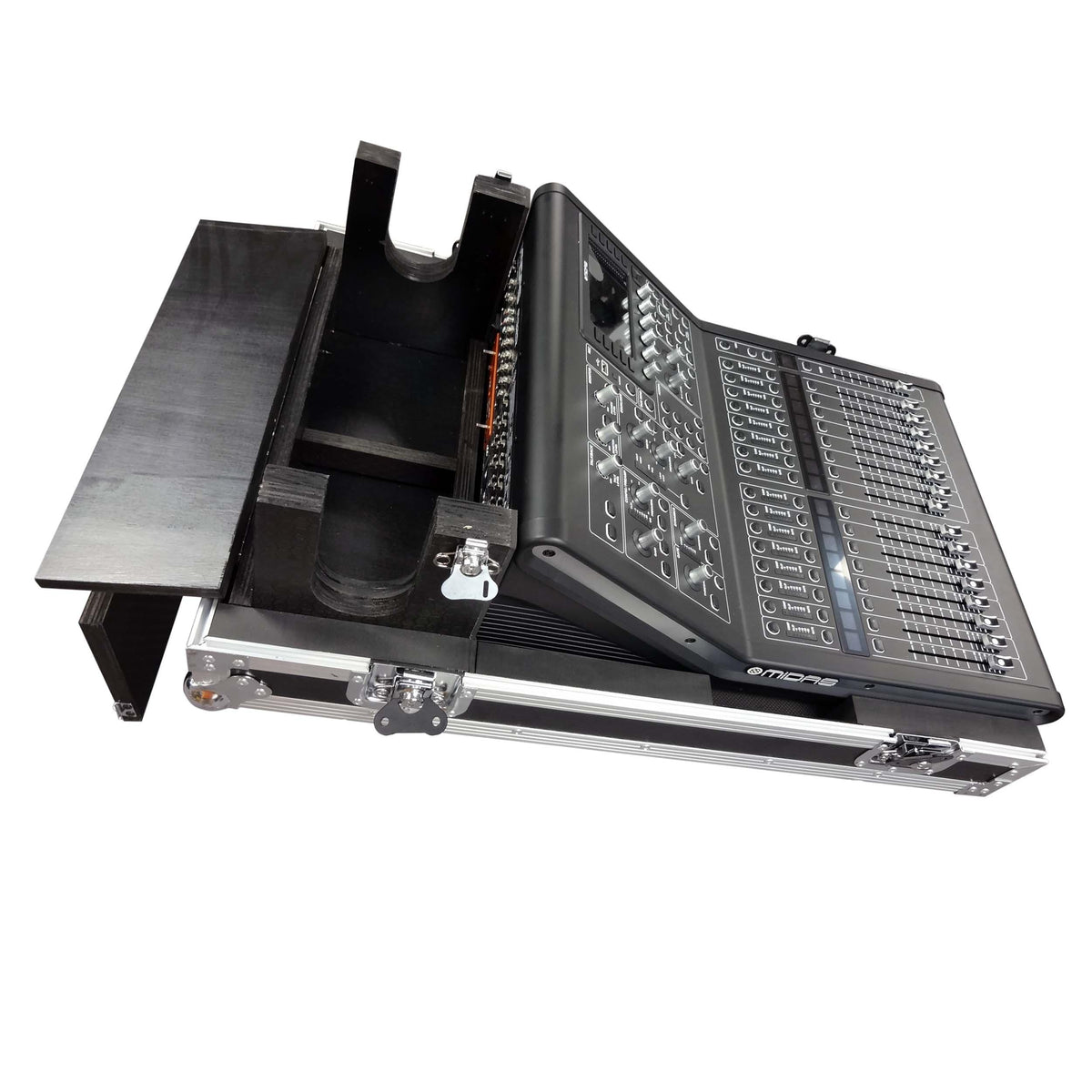 ProX ATA Digital Audio Mixer Flight Case for Midas M32R Console with Doghouse Compartment and Caster Wheels.
