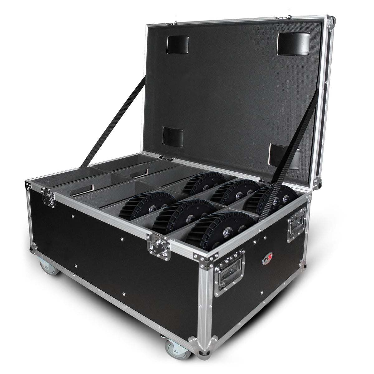ProX Par Can Universal Utility Case 4" Wheels Will Hold 6 of 12" x12" Large or 12 of 12" x 5.5" Slim LED Par Lights.