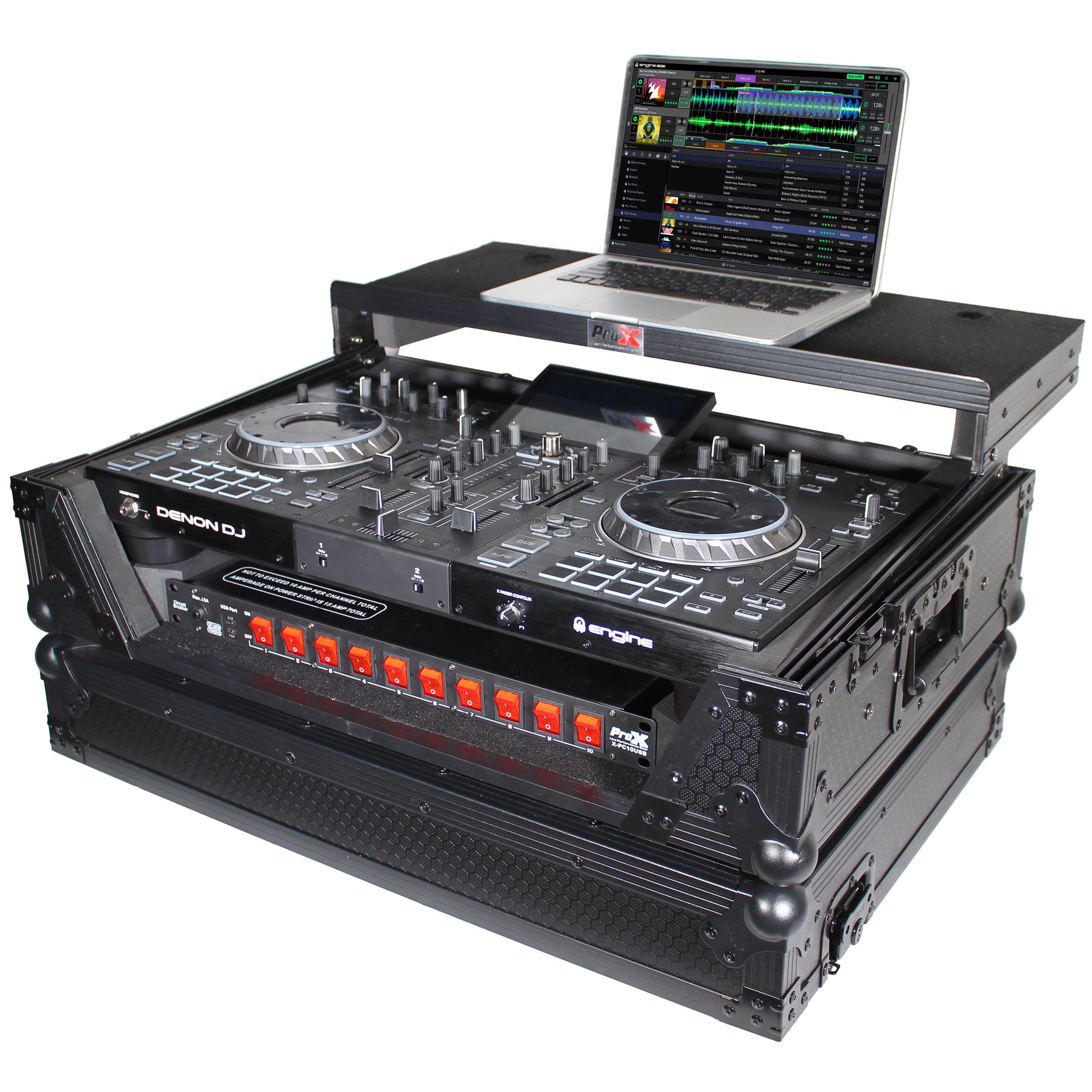 ProX ATA Flight Case For Denon PRIME 2 DJ Controller with Laptop Shelf 1U Rack Space - Black