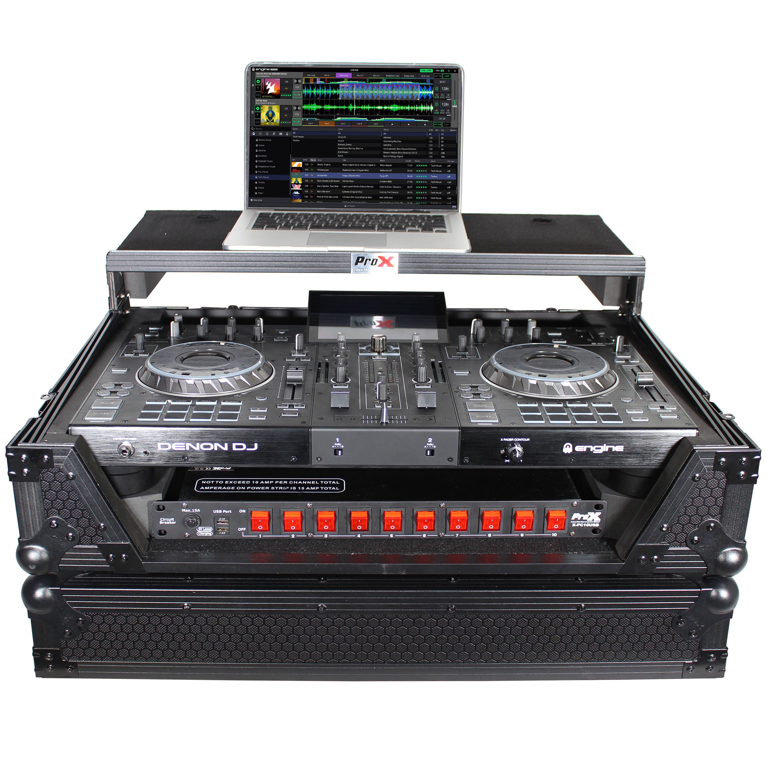 ProX ATA Flight Case For Denon PRIME 2 DJ Controller with Laptop Shelf 1U Rack Space - Black