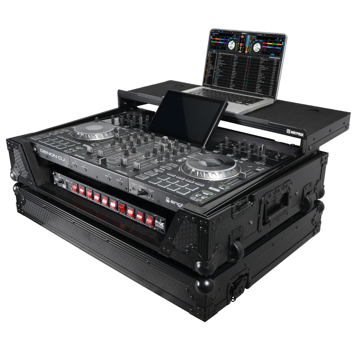 ProX ATA Flight Case For Denon PRIME 4 MK2 DJ Controller with Laptop Shelf 1U Rack Space and Wheels - Black.