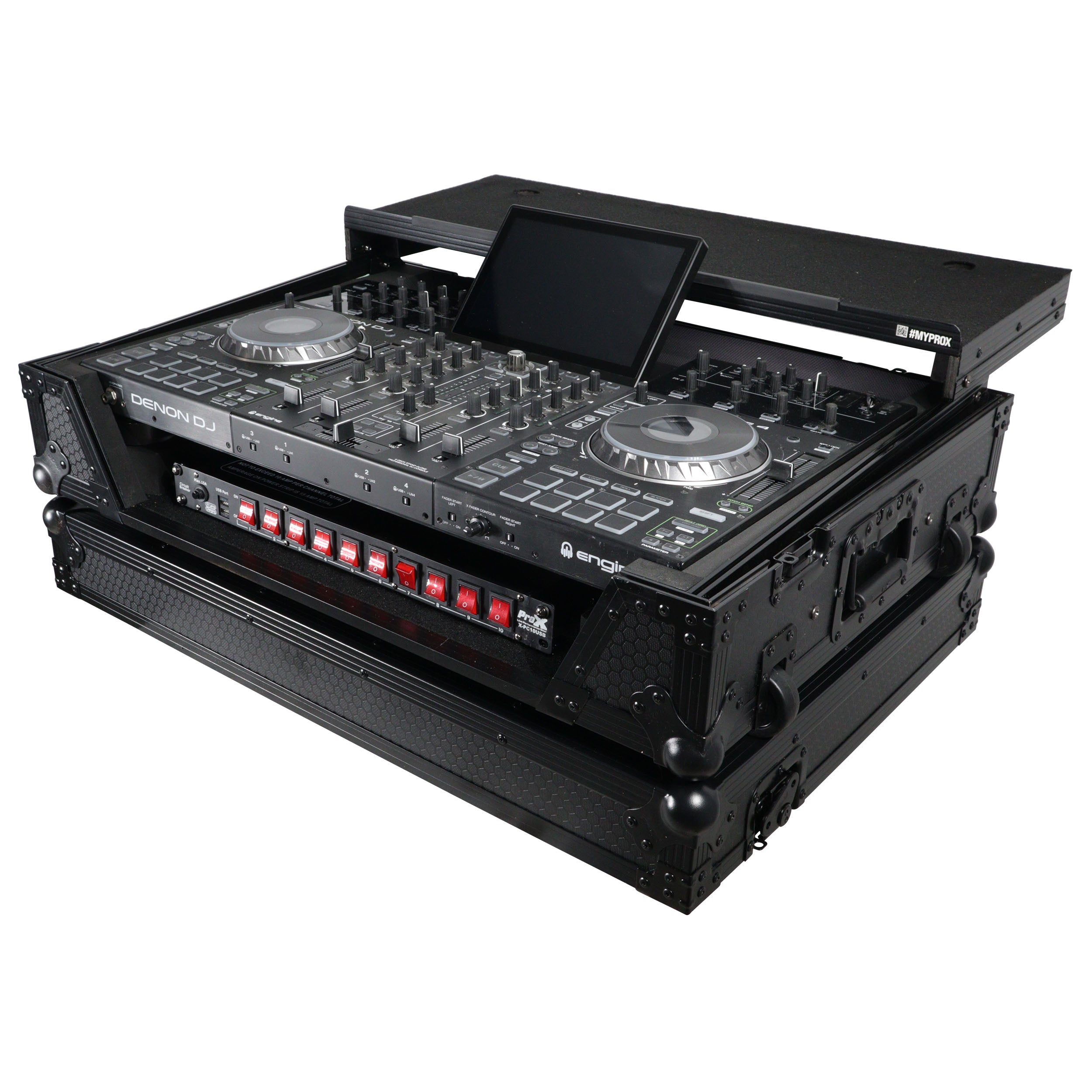 ProX ATA Flight Case For Denon PRIME 4 MK2 DJ Controller with Laptop Shelf 1U Rack Space and Wheels - Black