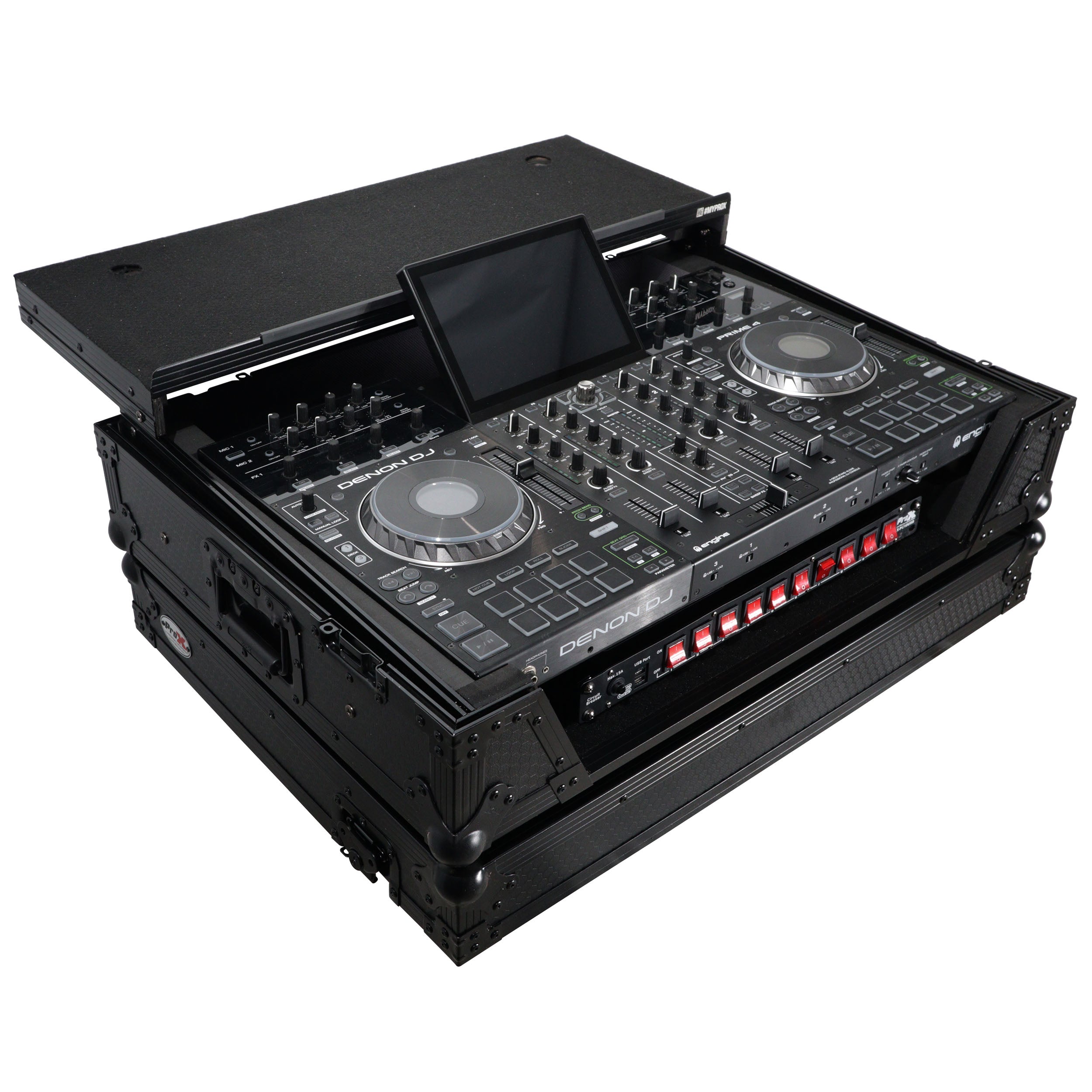 ProX ATA Flight Case For Denon PRIME 4 MK2 DJ Controller with Laptop Shelf 1U Rack Space and Wheels - Black