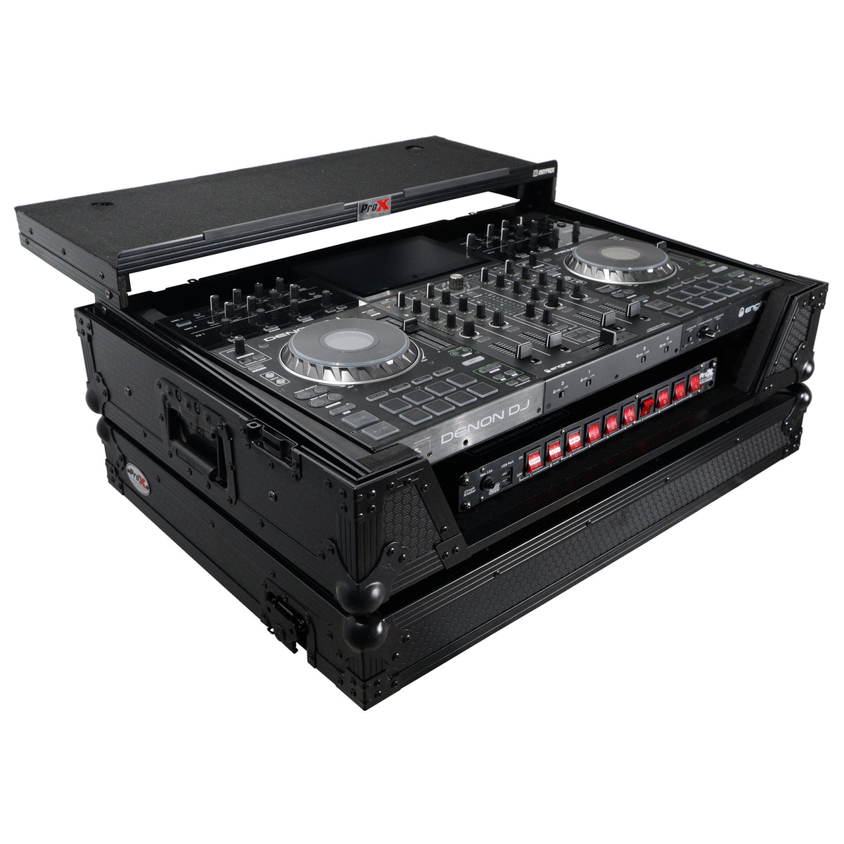 ProX ATA Flight Case For Denon PRIME 4 MK2 DJ Controller with Laptop Shelf 1U Rack Space and Wheels - Black.
