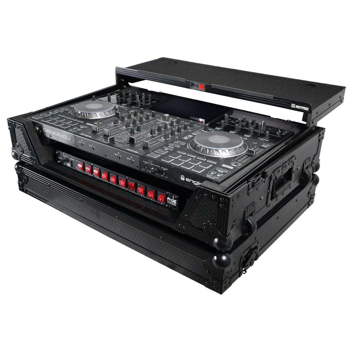 ProX ATA Flight Case For Denon PRIME 4 MK2 DJ Controller with Laptop Shelf 1U Rack Space and Wheels - Black.