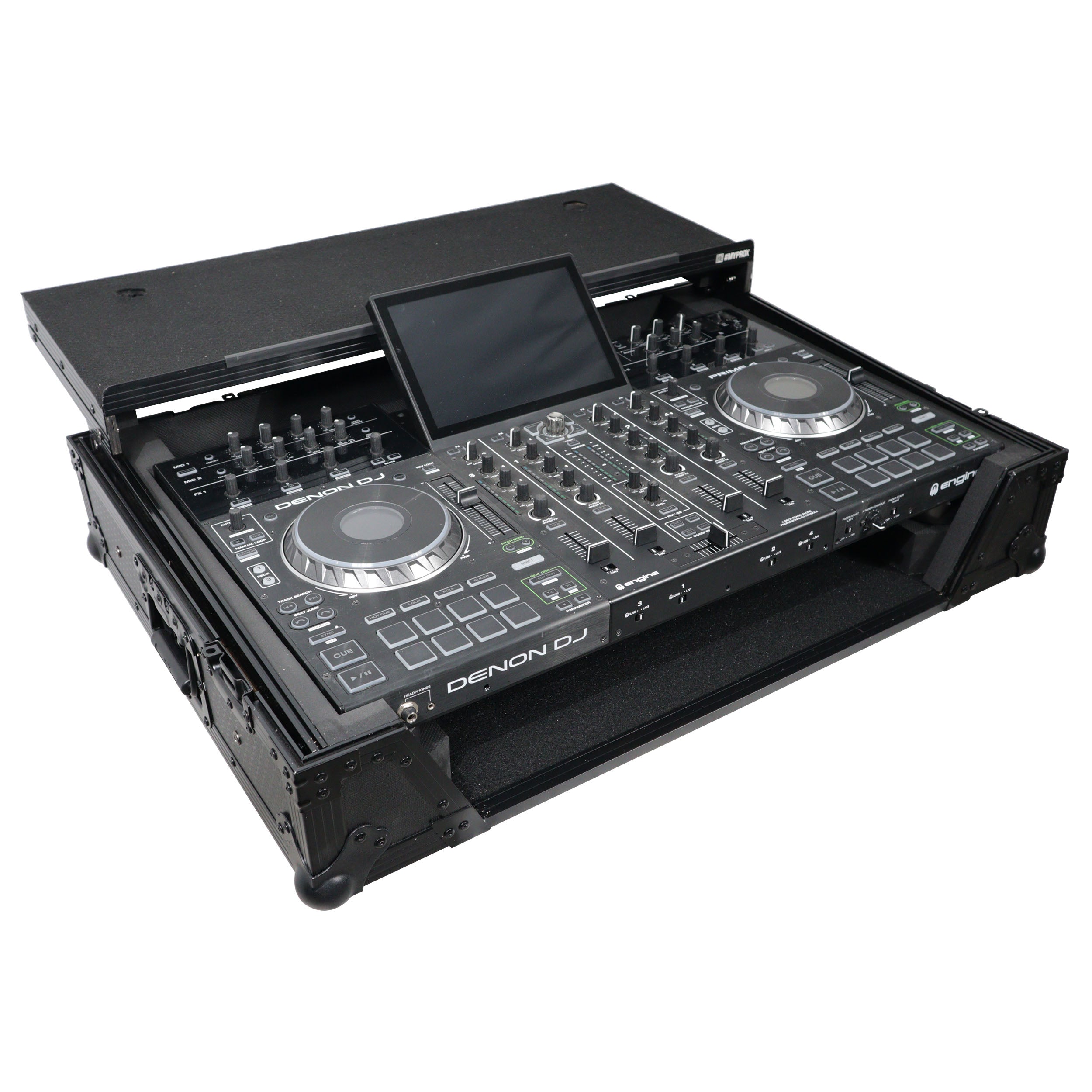 ProX ATA Flight Case For Denon PRIME 4 MK2 DJ Controller with Laptop Shelf 1U Rack Space and Wheels - Black
