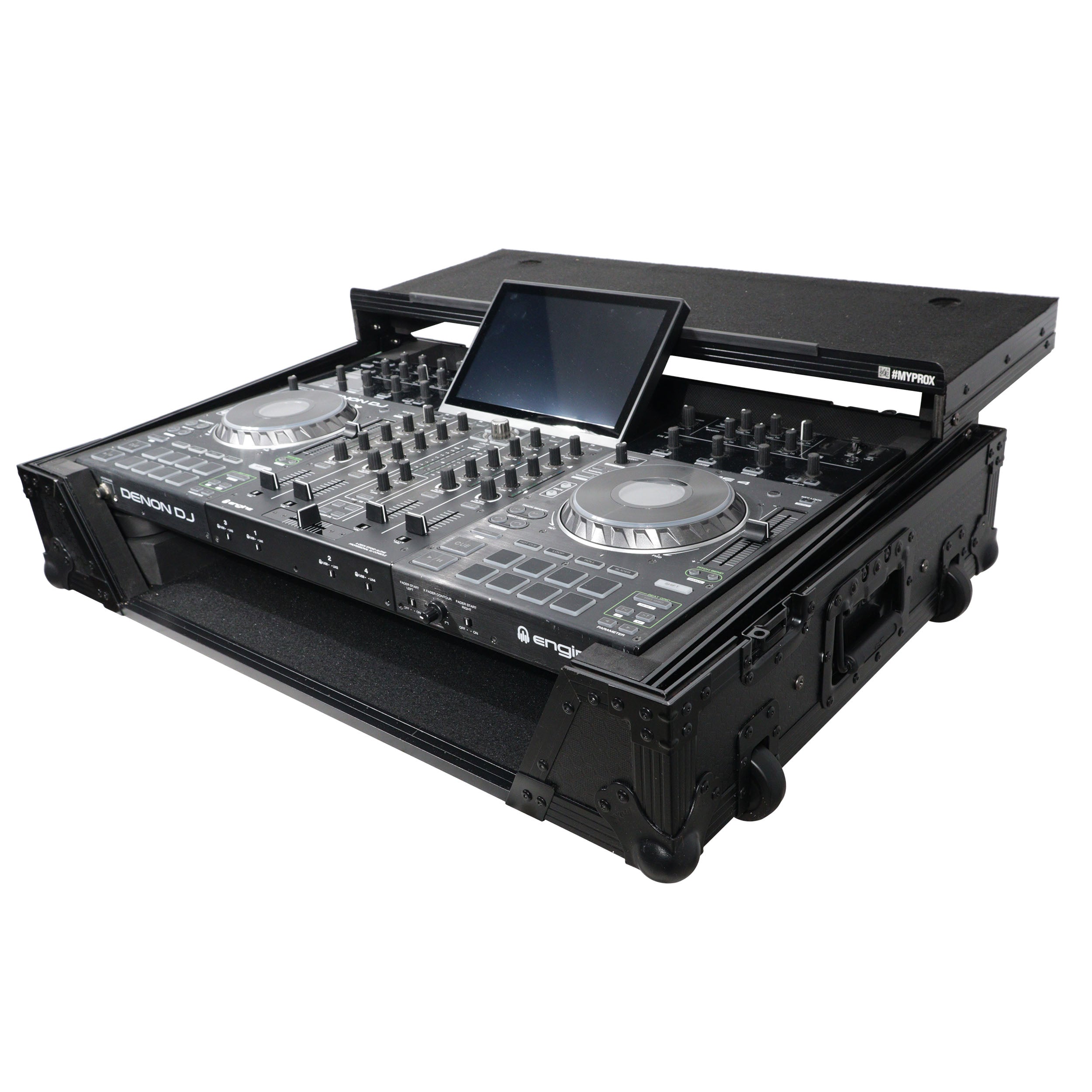 ProX ATA Flight Case For Denon PRIME 4 MK2 DJ Controller with Laptop Shelf 1U Rack Space and Wheels - Black