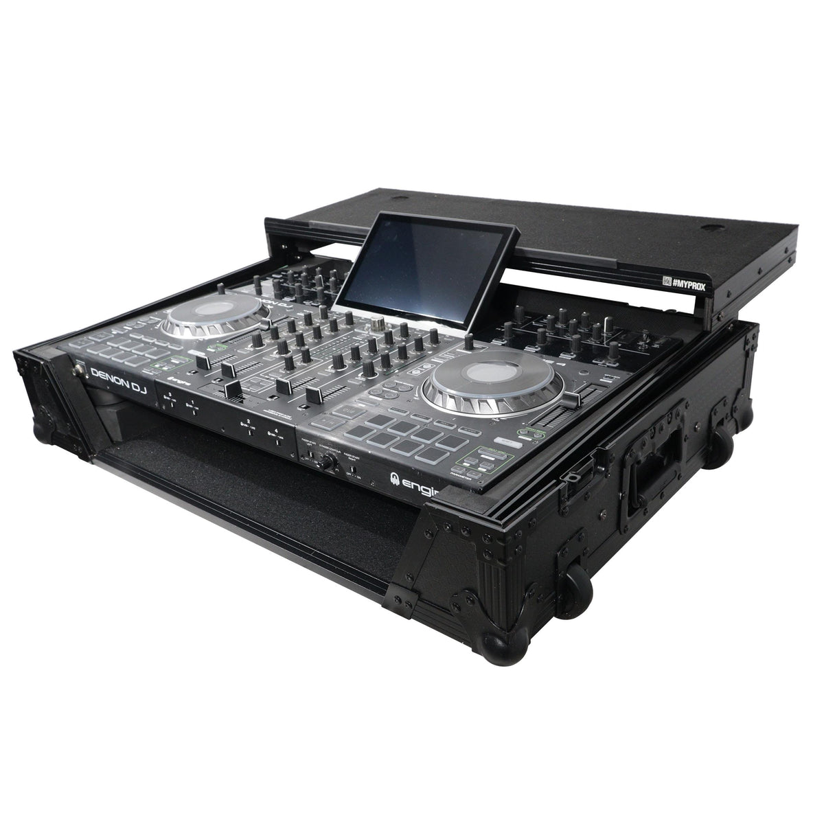 ProX ATA Flight Case For Denon PRIME 4 MK2 DJ Controller with Laptop Shelf 1U Rack Space and Wheels - Black.