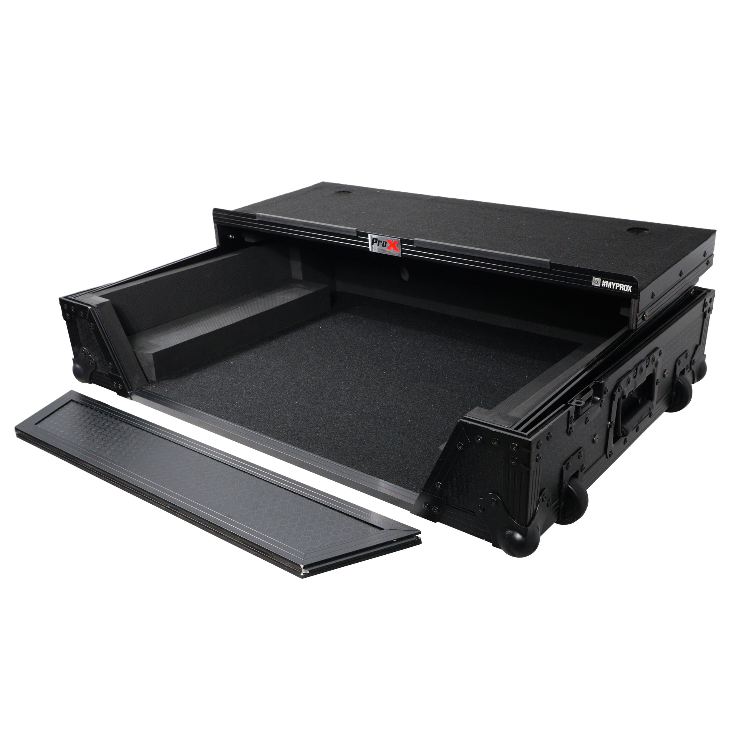 ProX ATA Flight Case For Denon PRIME 4 MK2 DJ Controller with Laptop Shelf 1U Rack Space and Wheels - Black