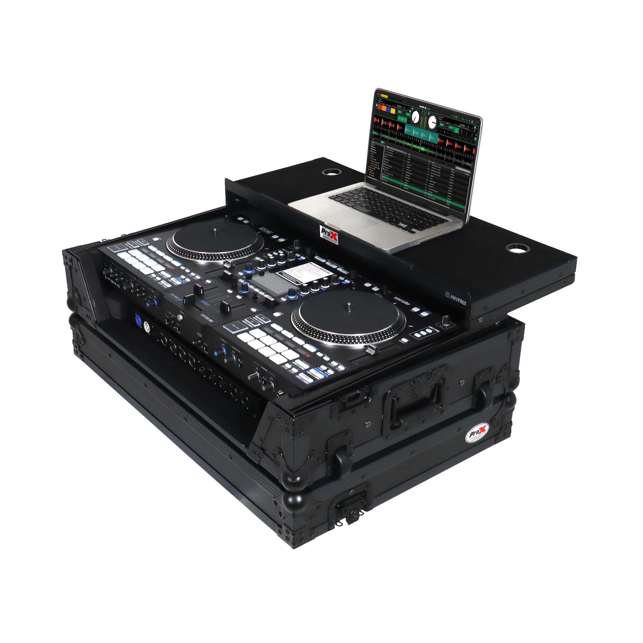 ProX Flight Case For RANE SYSTEM ONE Dj Controller Sliding Laptop Shelf & Wheels Black on Black LED Kit 1U