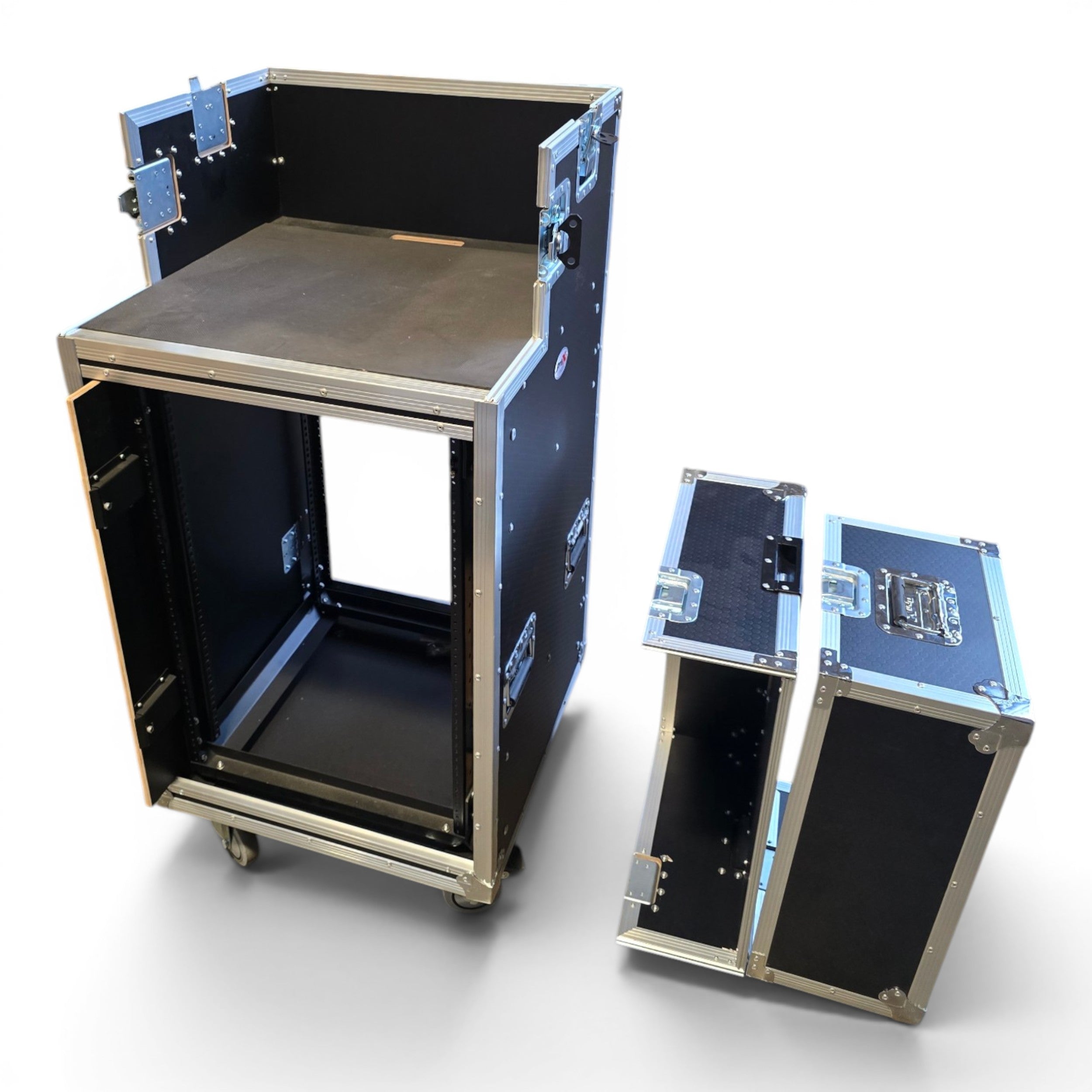 ProX 16U Shockmount Slam Door Rack Flight Case with Integrated Console Compartment, Sliding Doors and Casters for AV Production