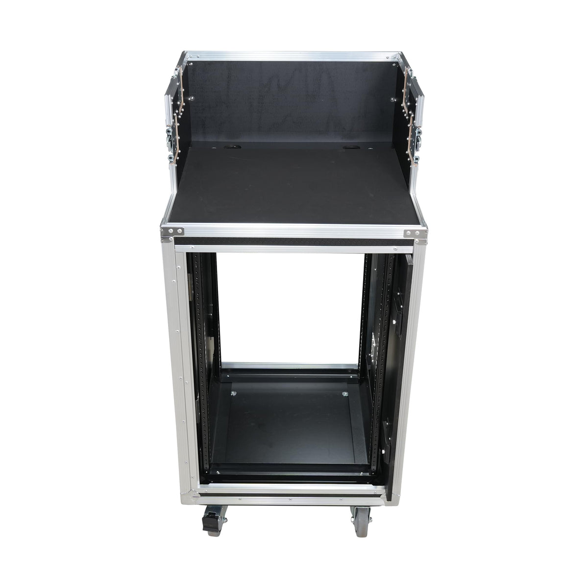 ProX 16U Shockmount Slam Door Rack Flight Case with Integrated Console Compartment, Sliding Doors and Casters for AV Production.